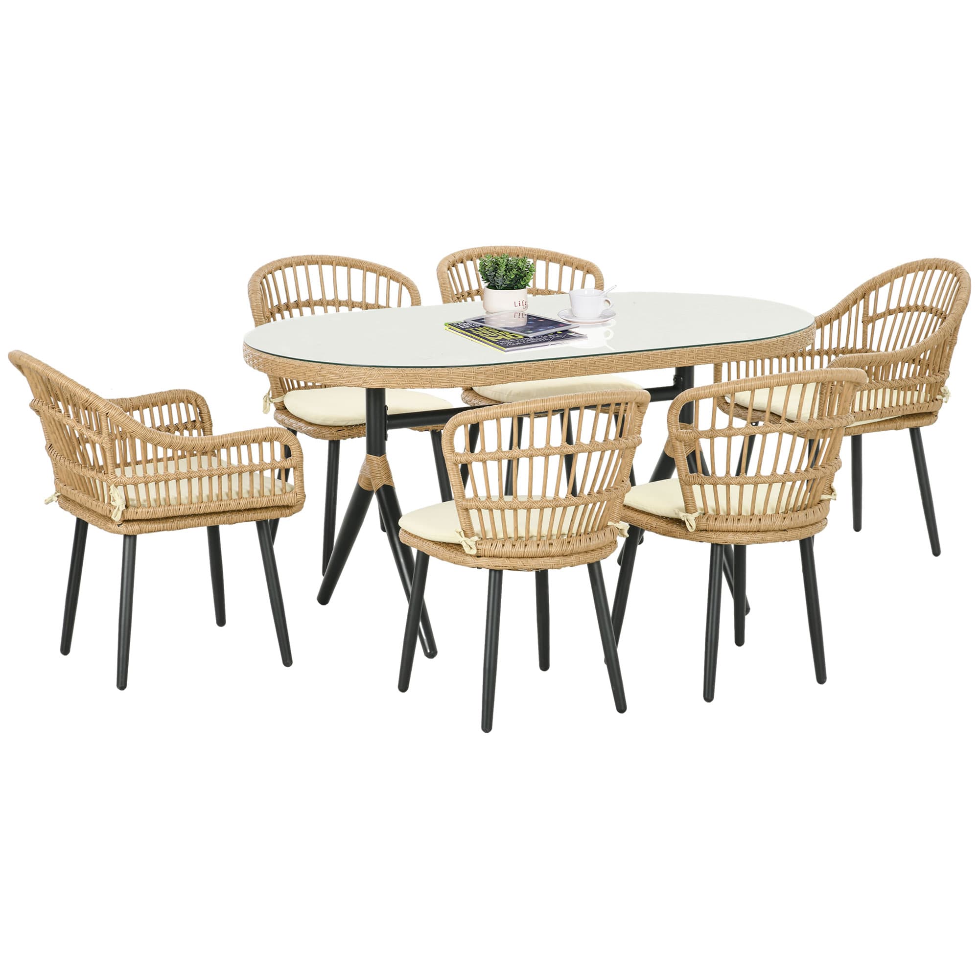 Outsunny Salon de Jardin 6 personnes ensemble de salle à manger en rotin PE - 1 table rectangulaire et 6 chaises avec coussins