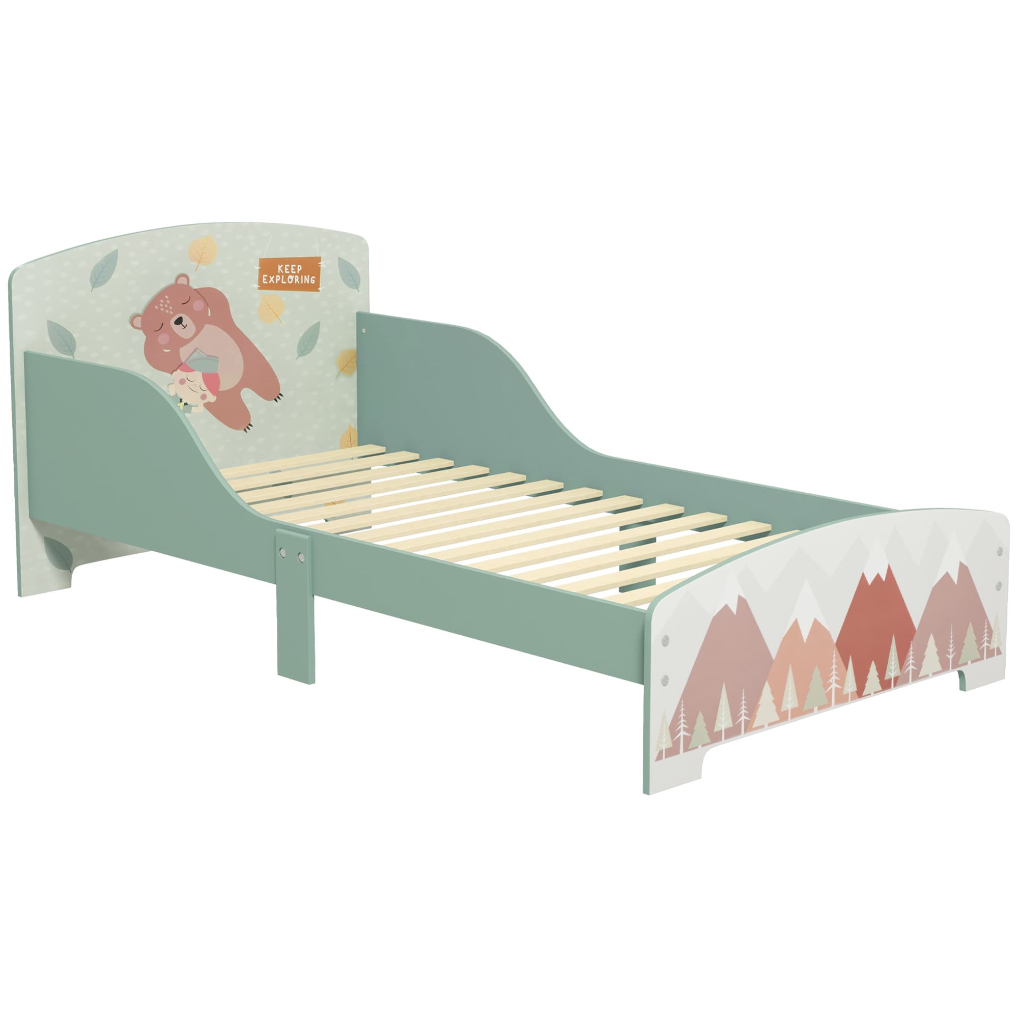 ZONEKIZ Lit pour enfant 3-6 ans avec barrières de sécurité et motifs dim. 77 x 143 x 60 cm sommier à lattes inclus - Vert
