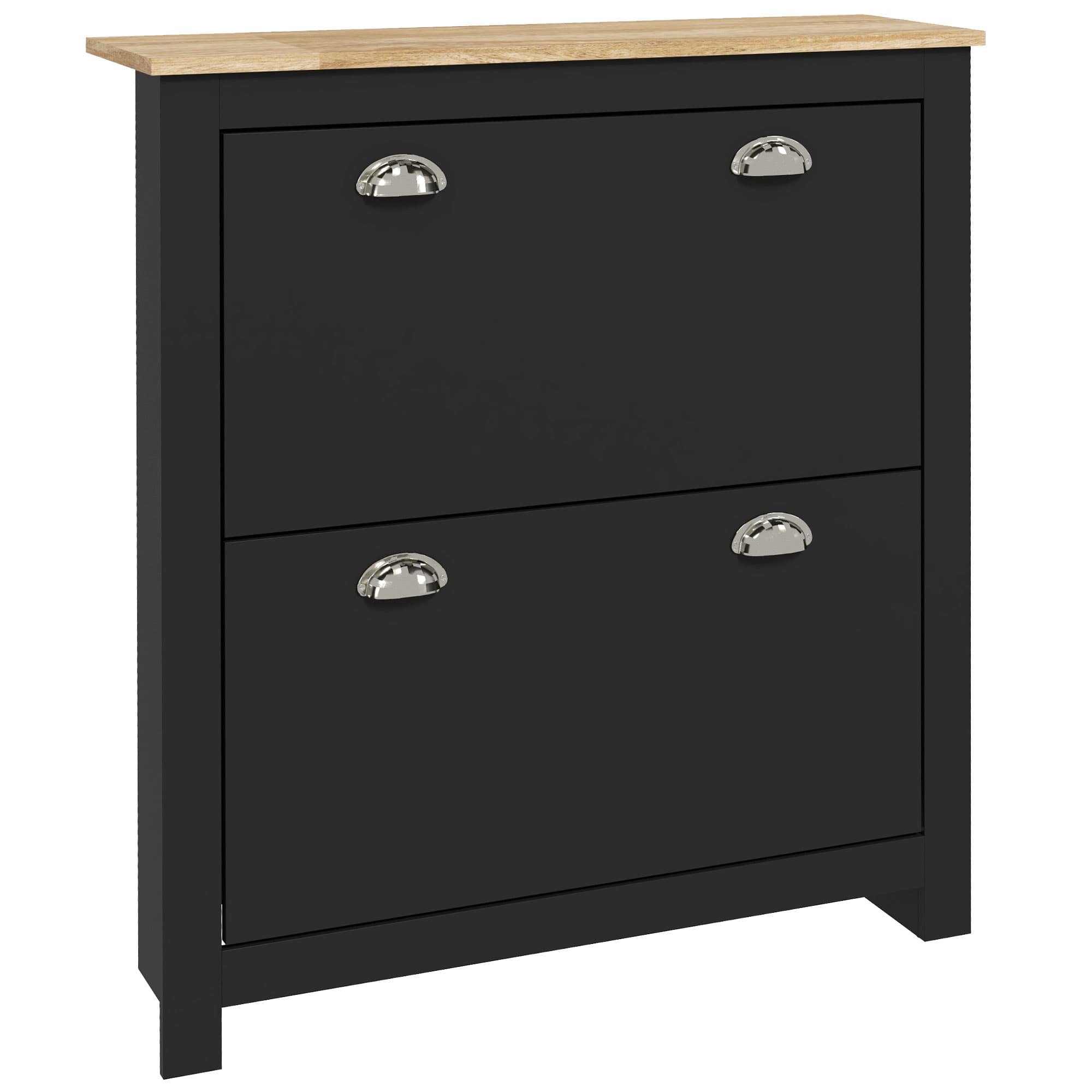 HOMCOM Armoire à chaussures 2 portes abattantes 2 compartiments poignées coquilles métal 79 x 23 x 90,5 cm noir chêne