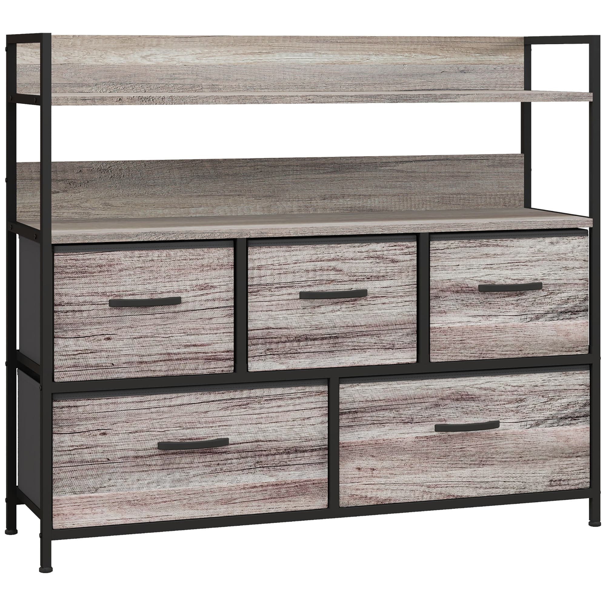 HOMCOM Meuble de rangement style industriel commode 5 tiroirs en tissu pliables et amovibles et étagères - 98l x 29P x 85H cm