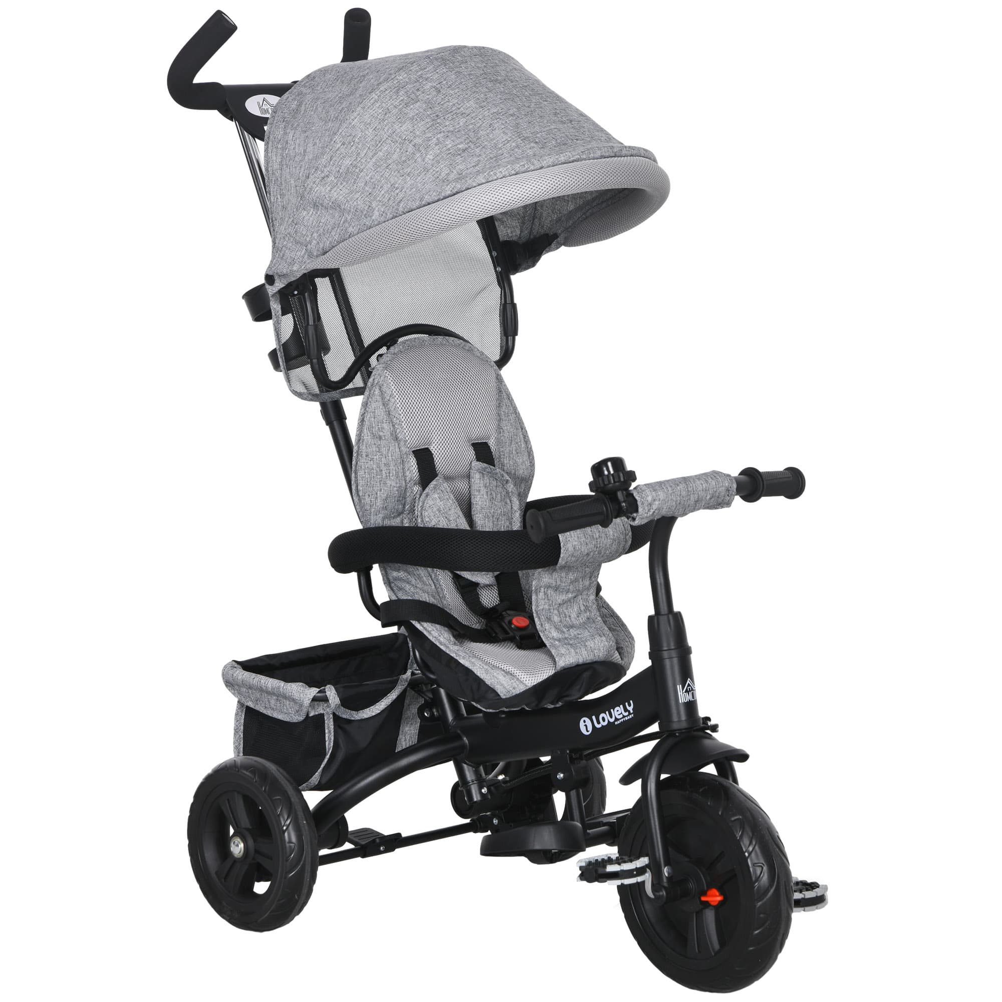HOMCOM Tricycle Enfant évolutif Pare-Soleil Pliable Canne télescopique Amovible 95 x 50 x 106 cm Acier Gris Noir