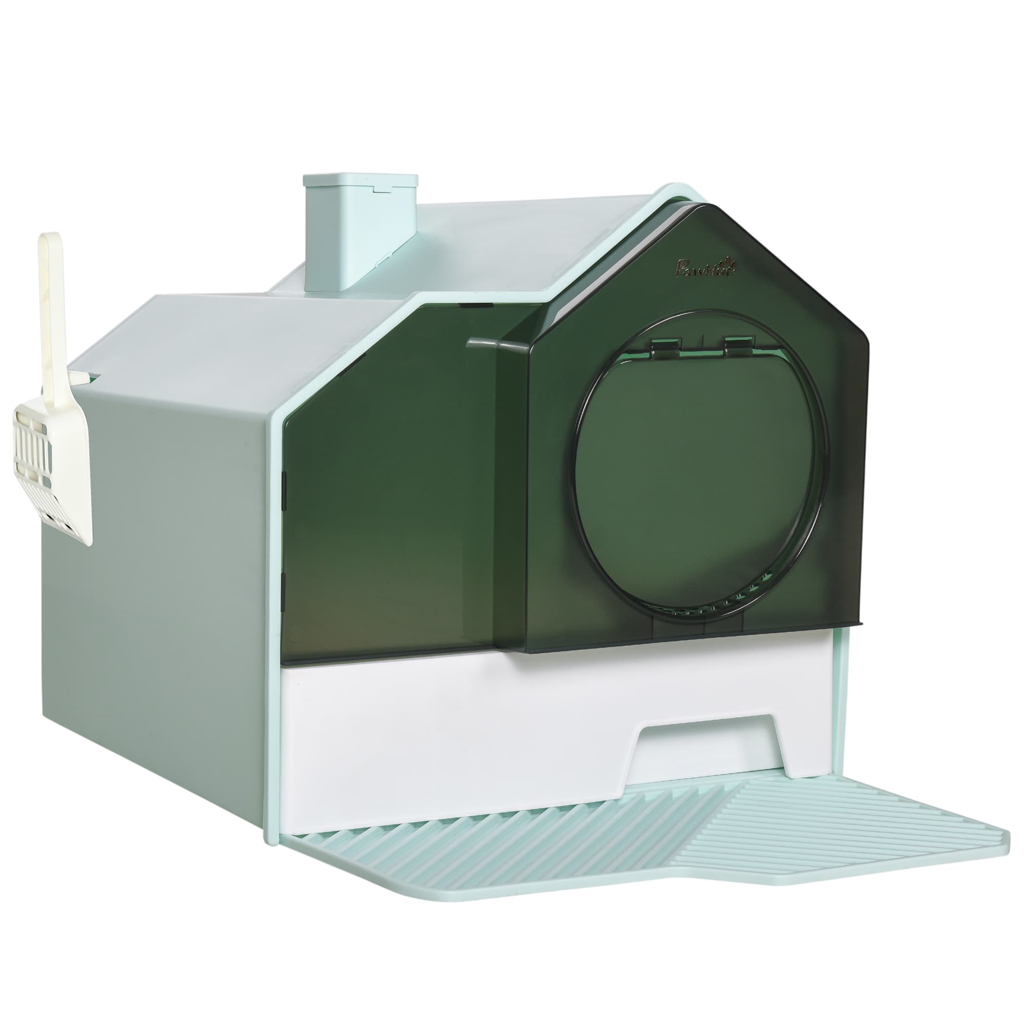 PawHut Maison de toilette bac à litière pour chat design maisonnette avec pelle, filtre et tapis dim. 47L x 45l x 42H cm bleu