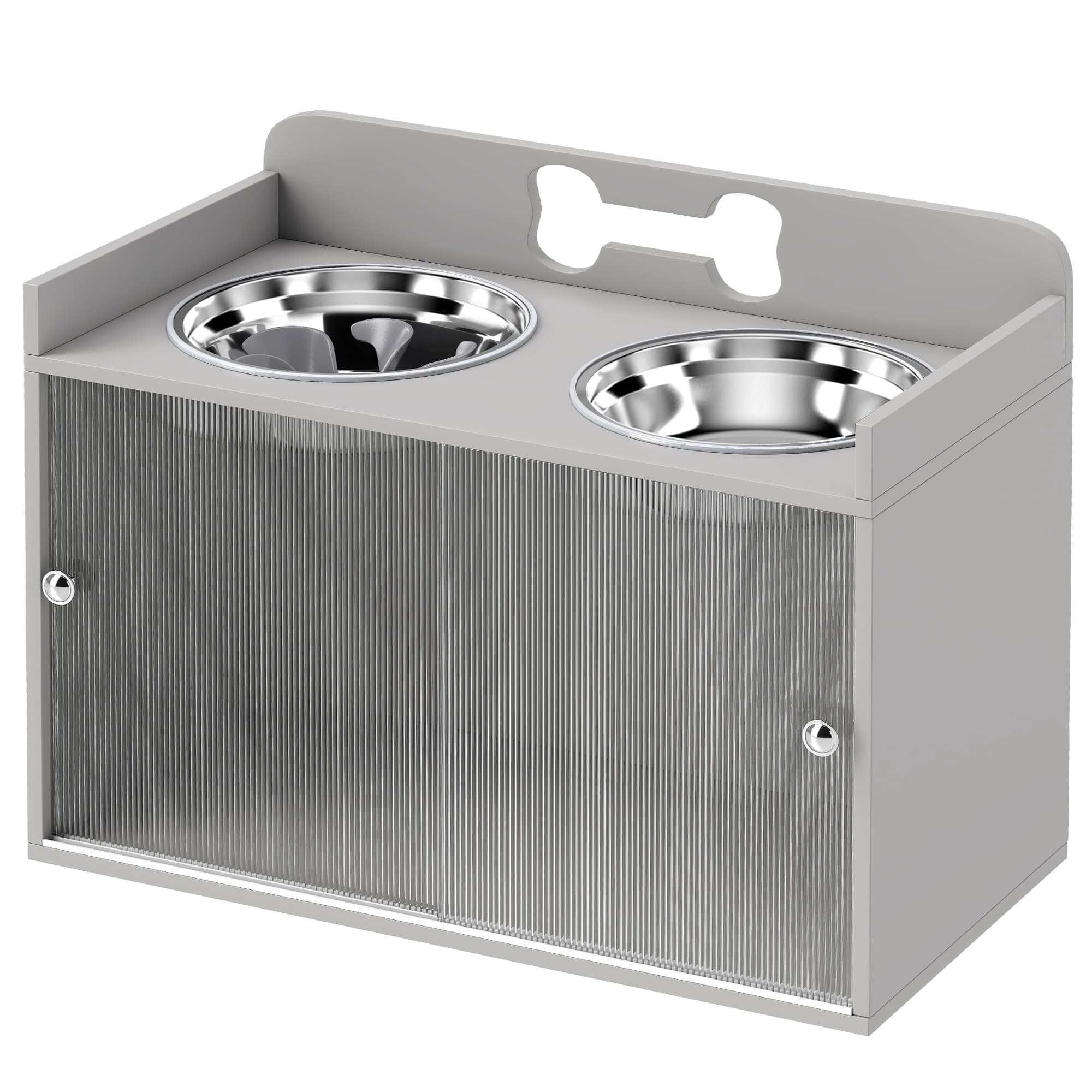 PawHut Station d'alimentation surélevée avec 2 gamelles et placard, MDF, acier inoxydable, motif os, Gris