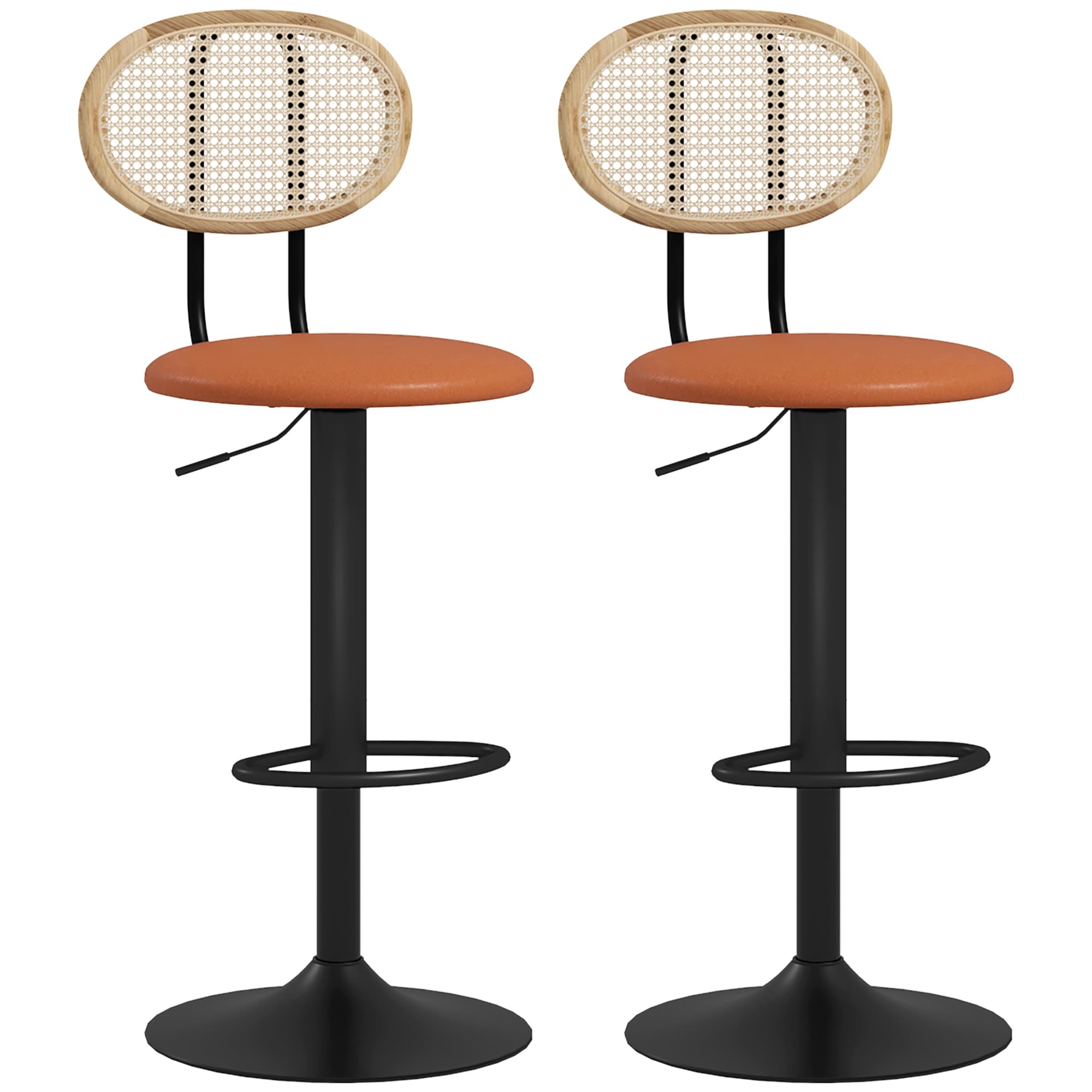 HOMCOM Lot de 2 tabourets de bar chaises de bar hauteur réglable avec dossier en rotin et repose-pieds, marron