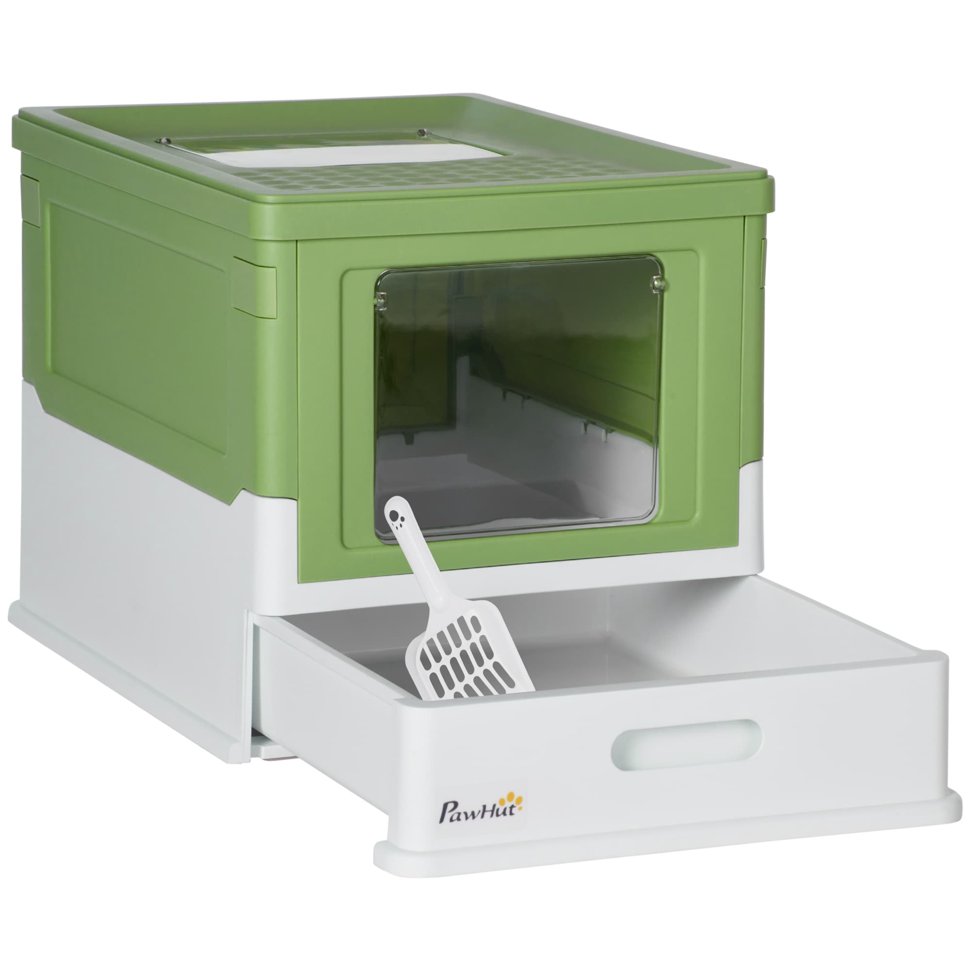 PawHut Maison de toilette pour chat pliable double porte battante et supérieure pelle fourni 47,5 x 35,5 x 36,7 cm vert avocat