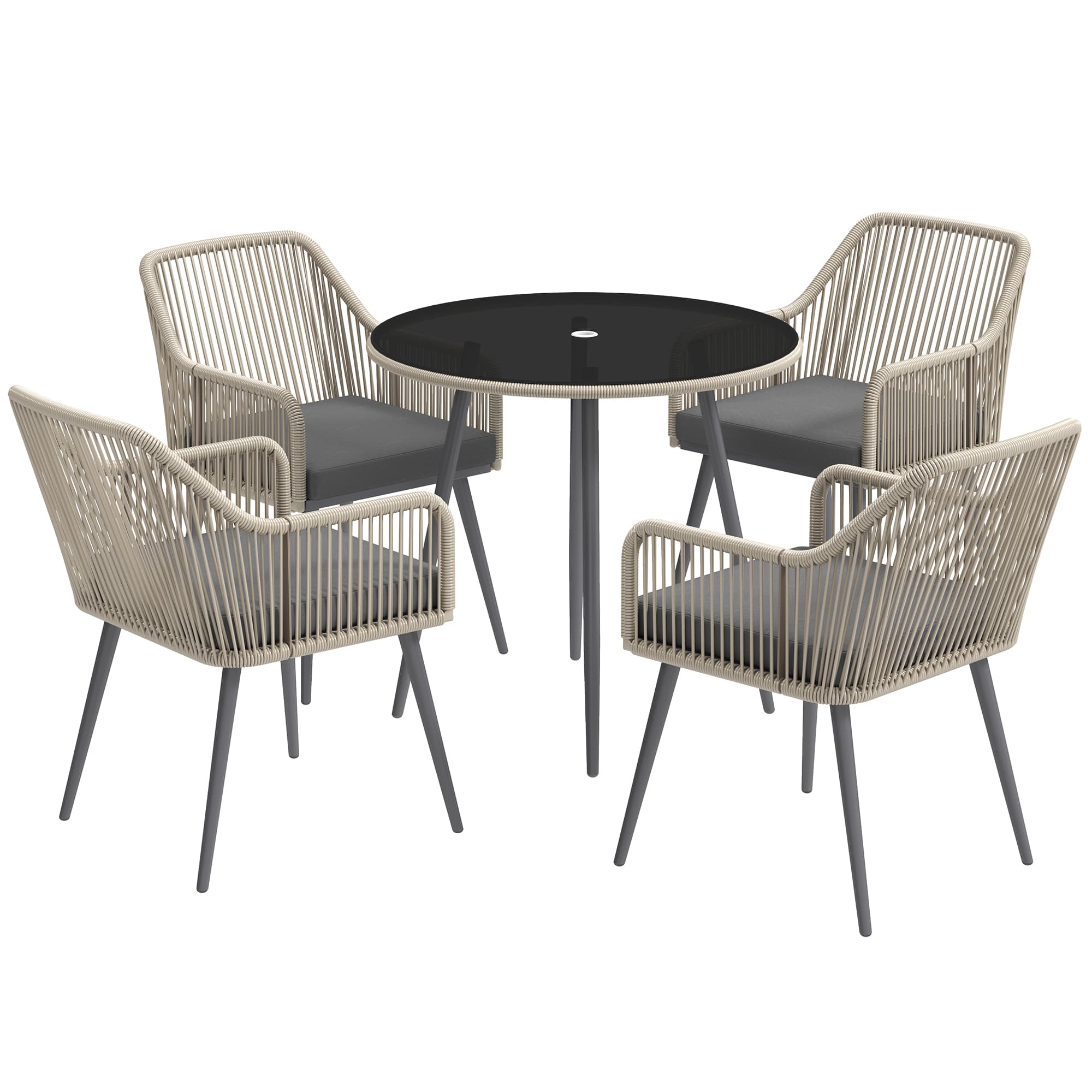 Outsunny Salon de jardin extérieur en résine tressée 4 places - coussins et table ronde en verre, pour terrasse, jardin, marron