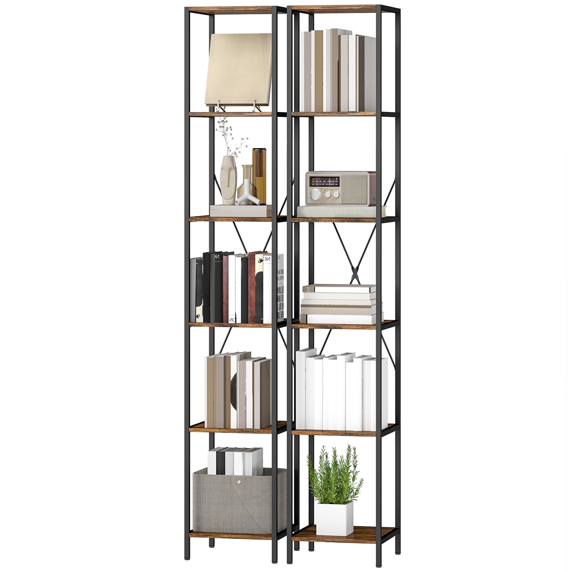 HOMCOM Lot de 2 bibliothèques 6 niveaux, cadre en acier, pour salon, bureau, chambre, Brun rustique