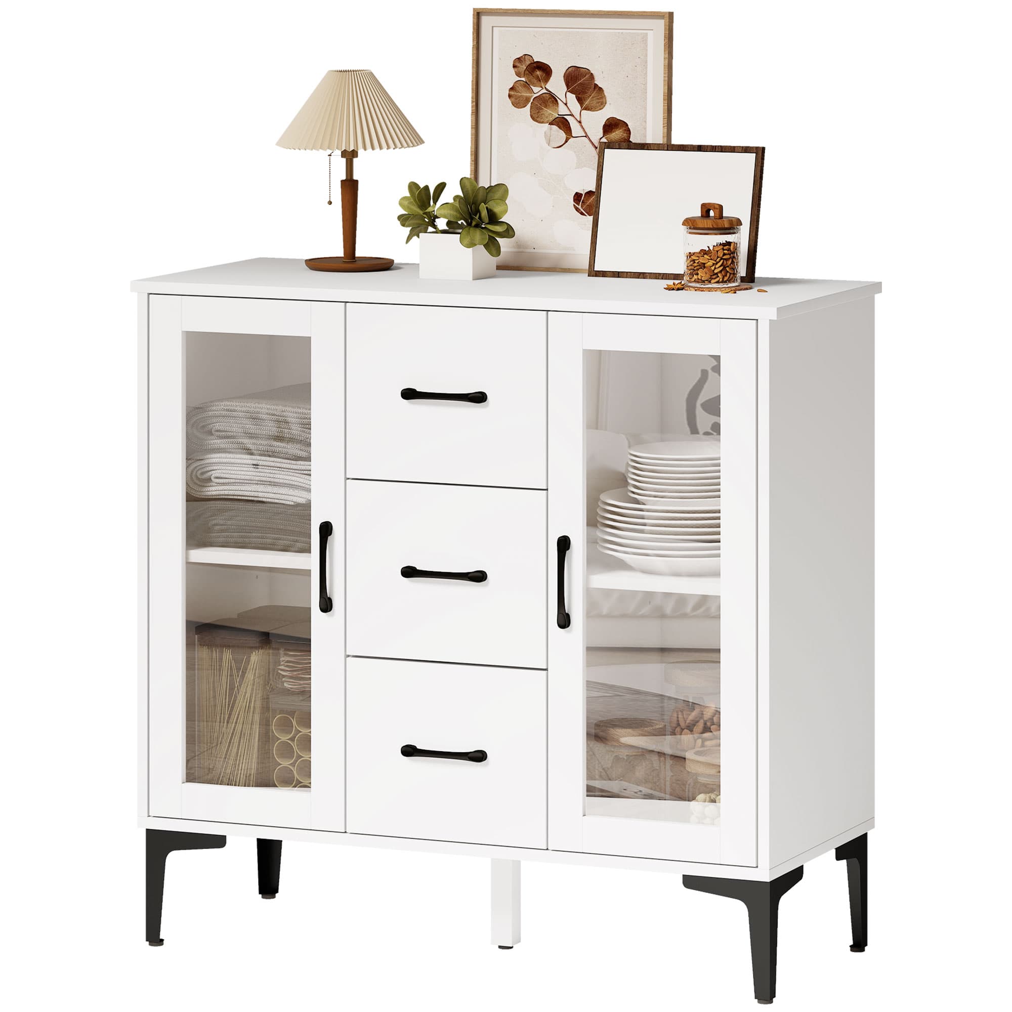 HOMCOM Buffet moderne avec portes à fermeture douce, armoire-buffet avec 3 tiroirs, 2 portes vitrées, étagères réglables, MDF, blanc