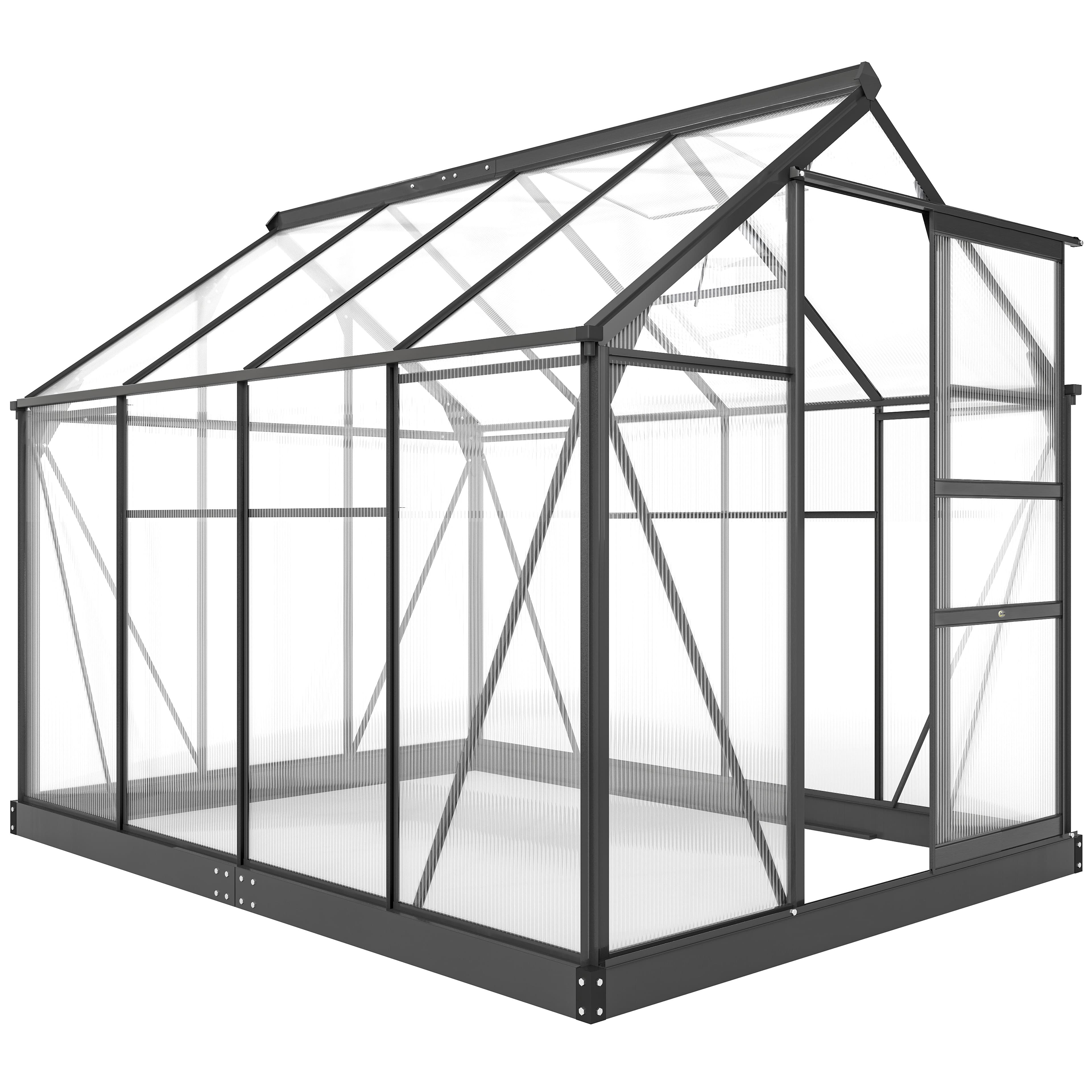 Outsunny Serre en Polycarbonate et Aluminium avec Porte Coulissante, Prise d'Air et Gouttière, 190x252x201 cm, Gris