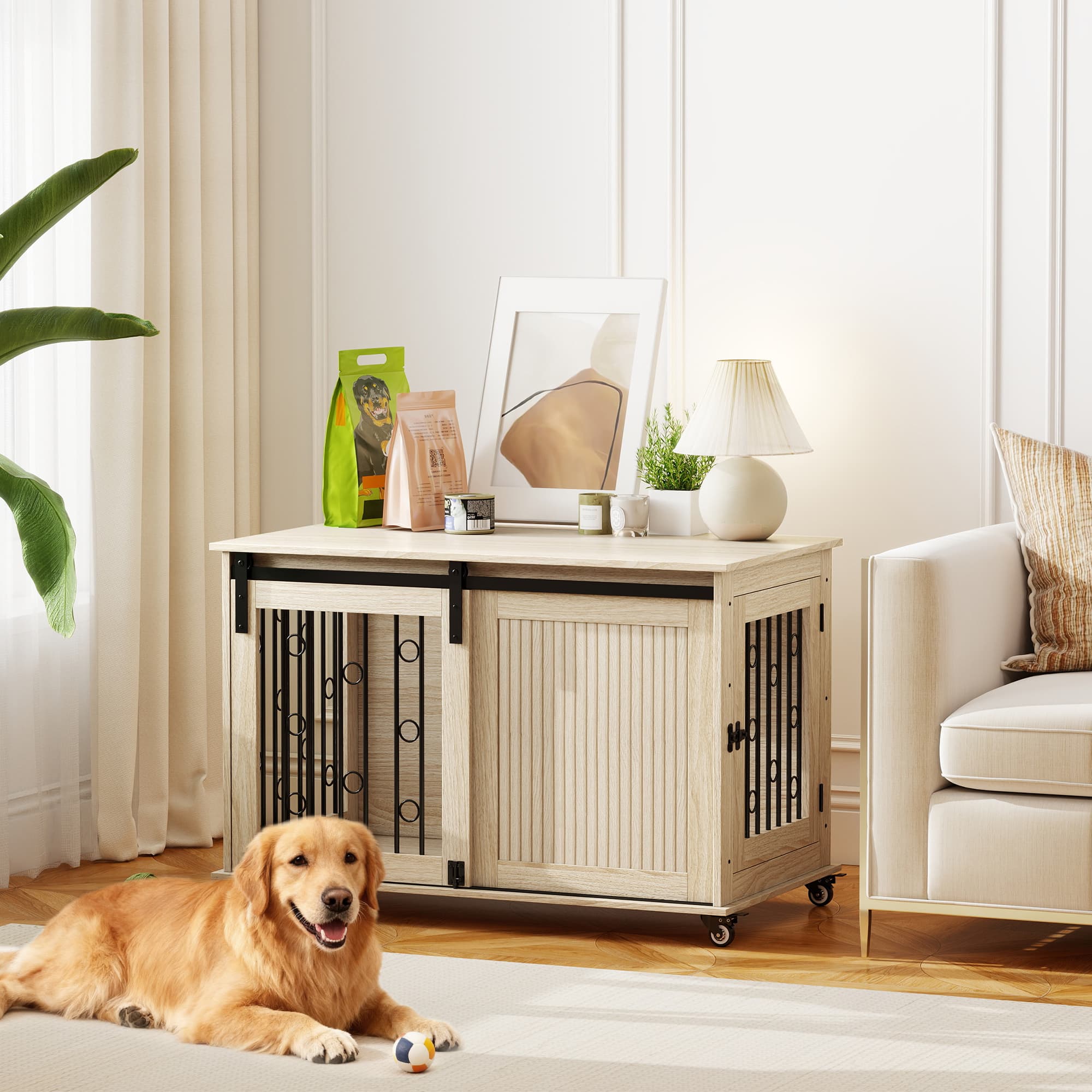 PawHut Cage pour Chiens Moyens et Grands Meuble d'Appoint Moderne avec 2 Portes et Fermeture 100x56x65 cm Chêne