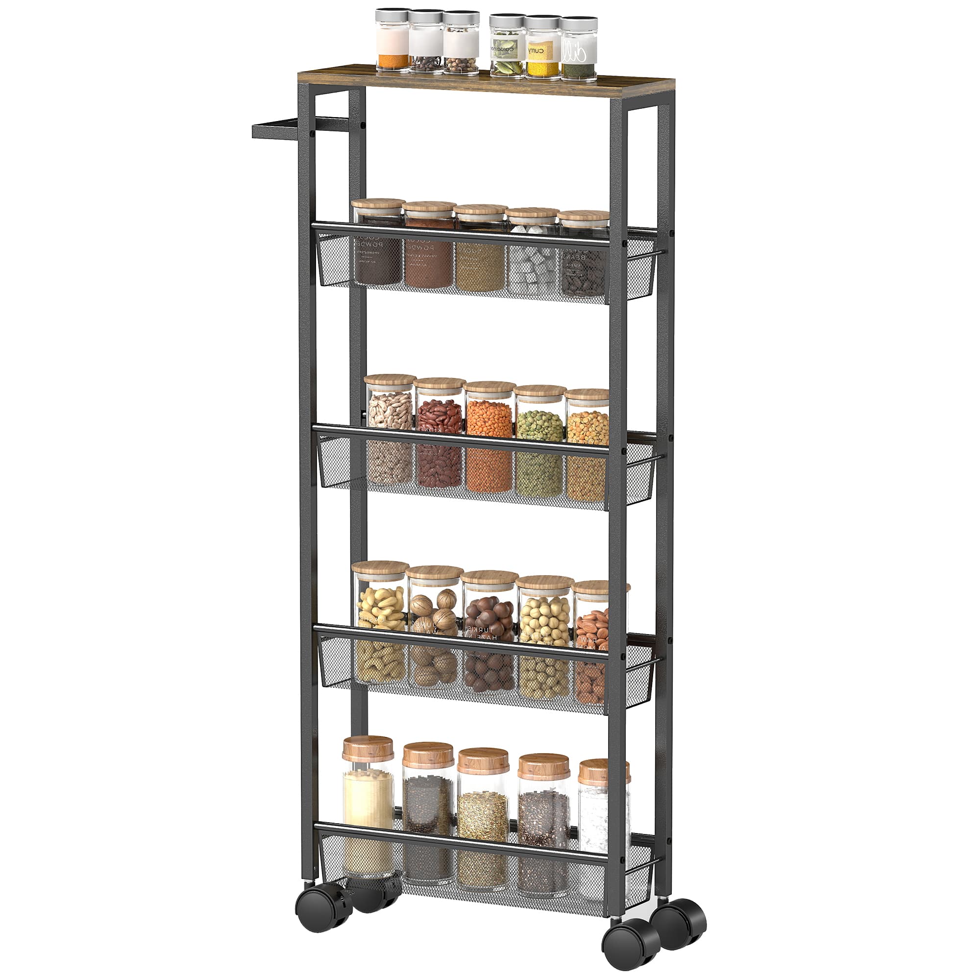 HOMCOM Desserte de cuisine à 5 niveaux, chariot étroit étagère de cuisine avec plan de travail, roulettes poignée 47 x 13 x 96,5 cm, Noir
