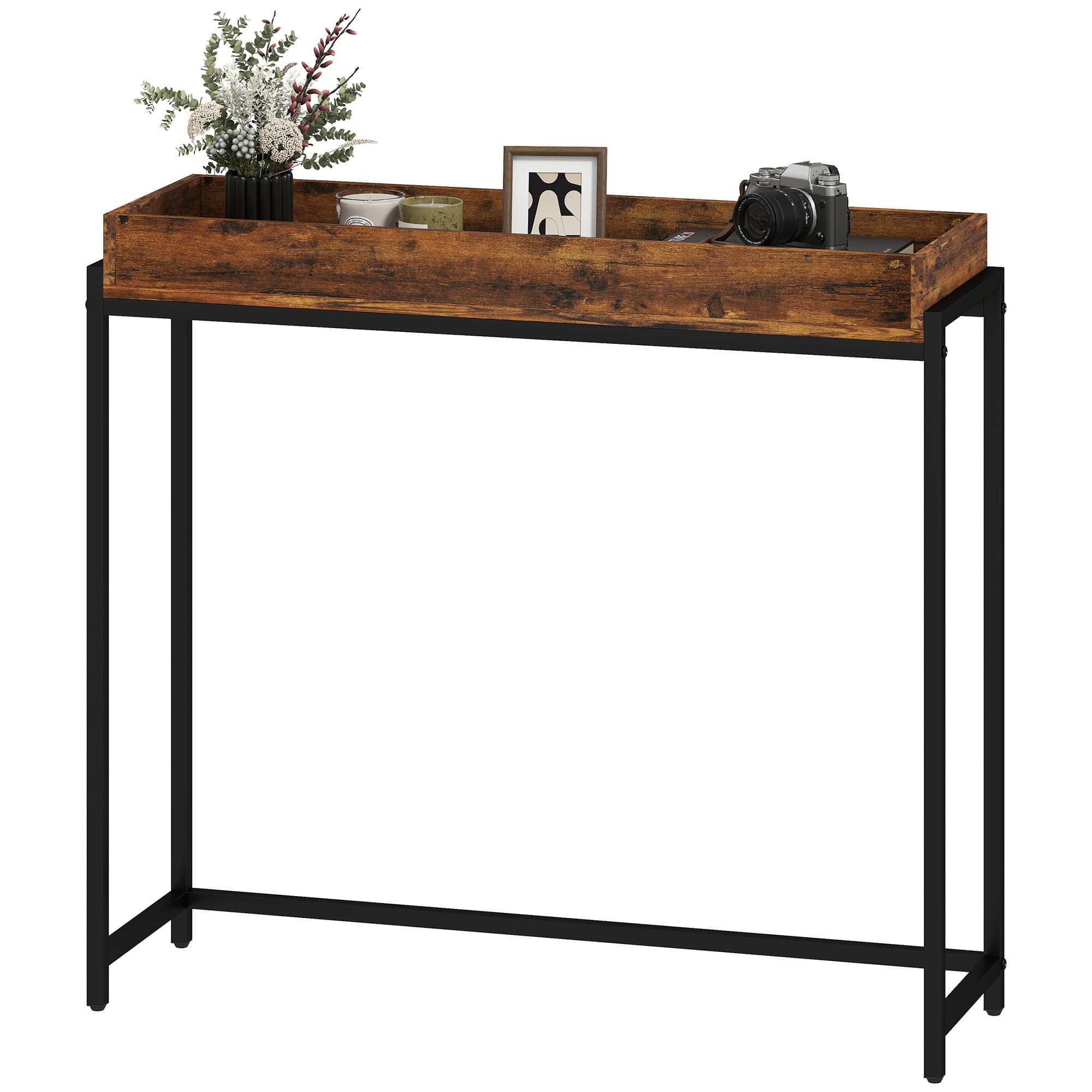 HOMCOM Console d'entrée étroite, métal & panneau, brun rustique