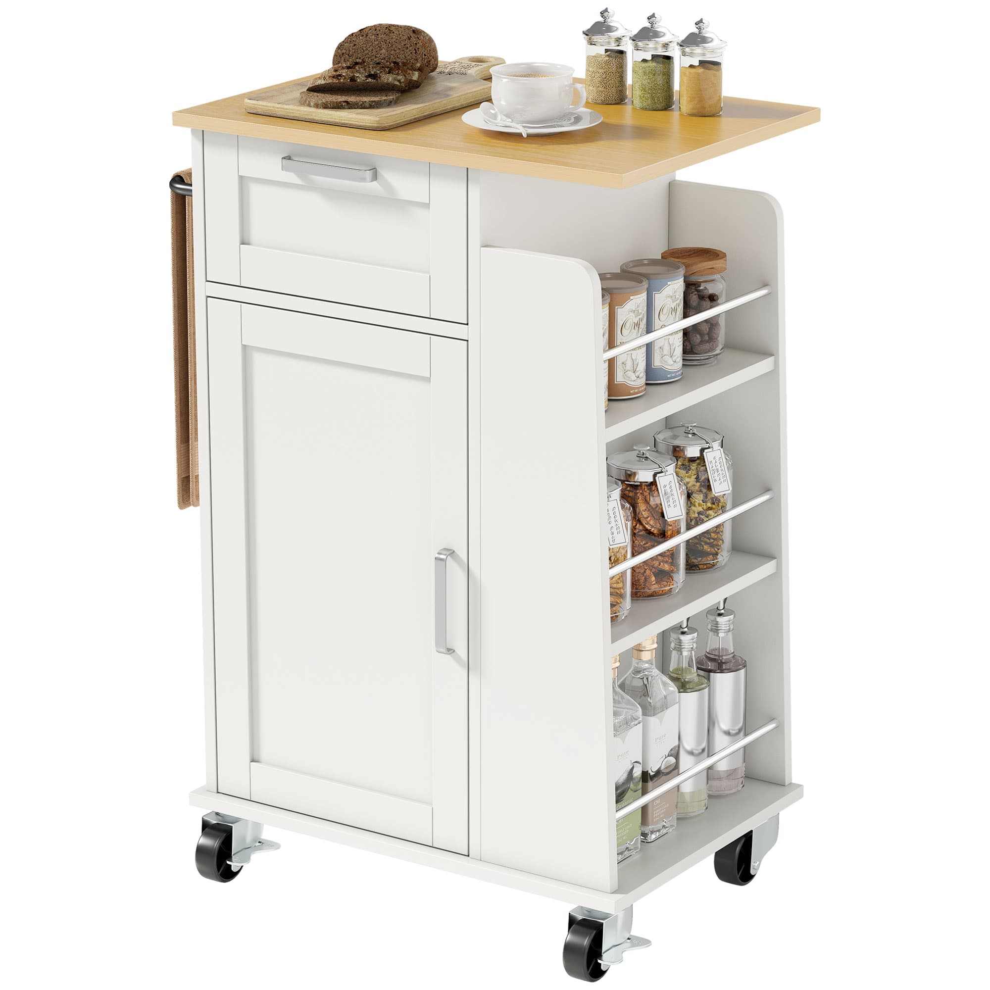 HOMCOM Chariot de Cuisine avec Tiroir, Armoire, Porte-Serviette et 3 Porte-épices, en Bois, 62x40x87 cm, Blanc
