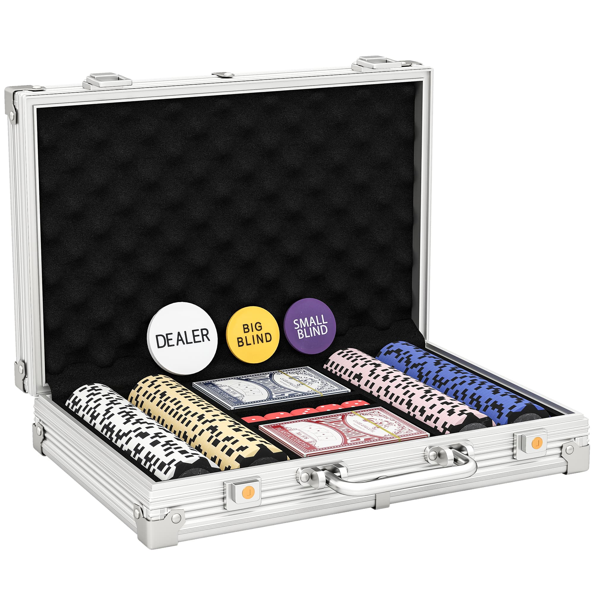 SPORTNOW Set de jetons de poker en valise, avec dés, bouton Dealer, 2 jeux de cartes, couleur argentée