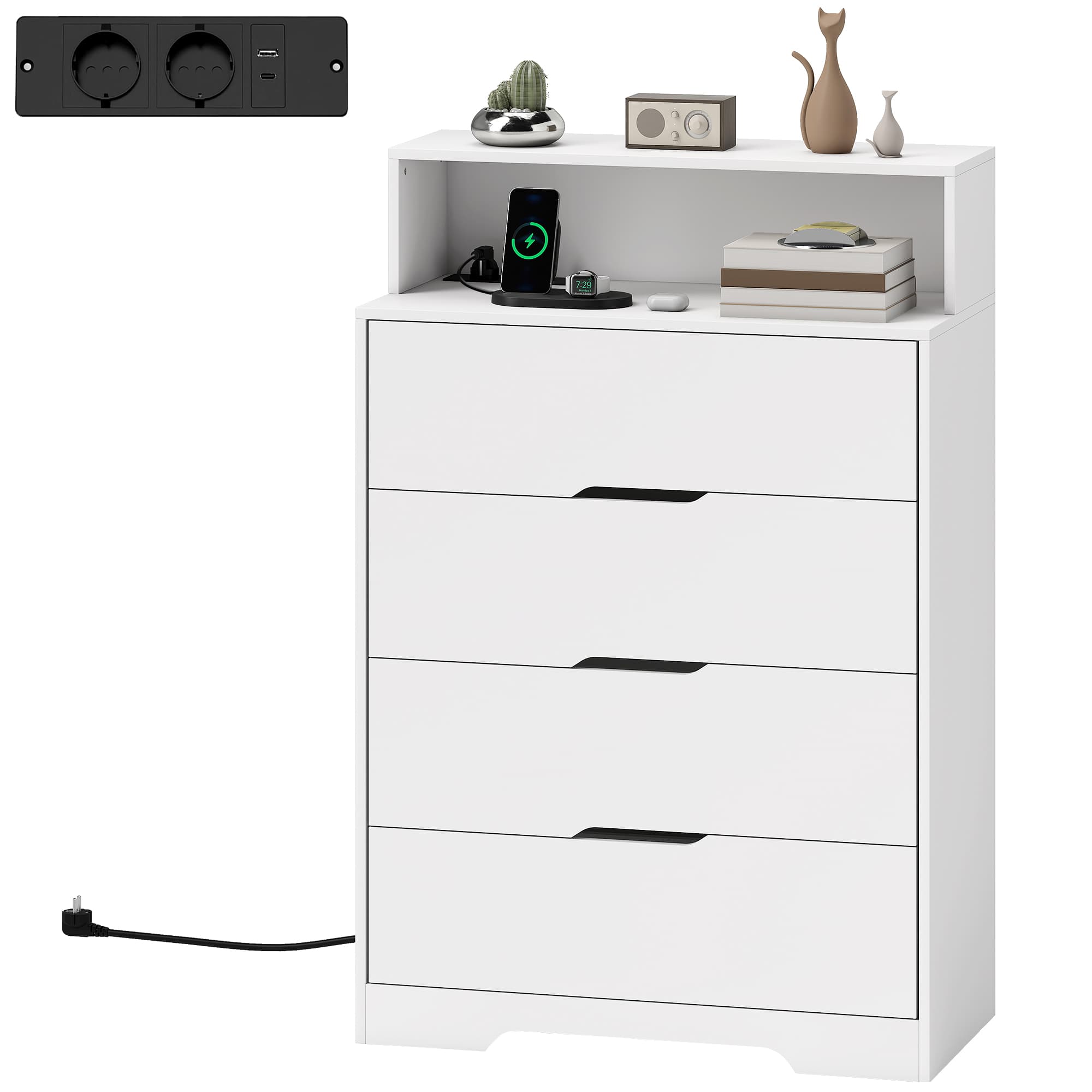 HOMCOM Commode de chambre 4 tiroirs avec station de charge port USB port USB-C étagère ouverte 80x40x120 cm blanc