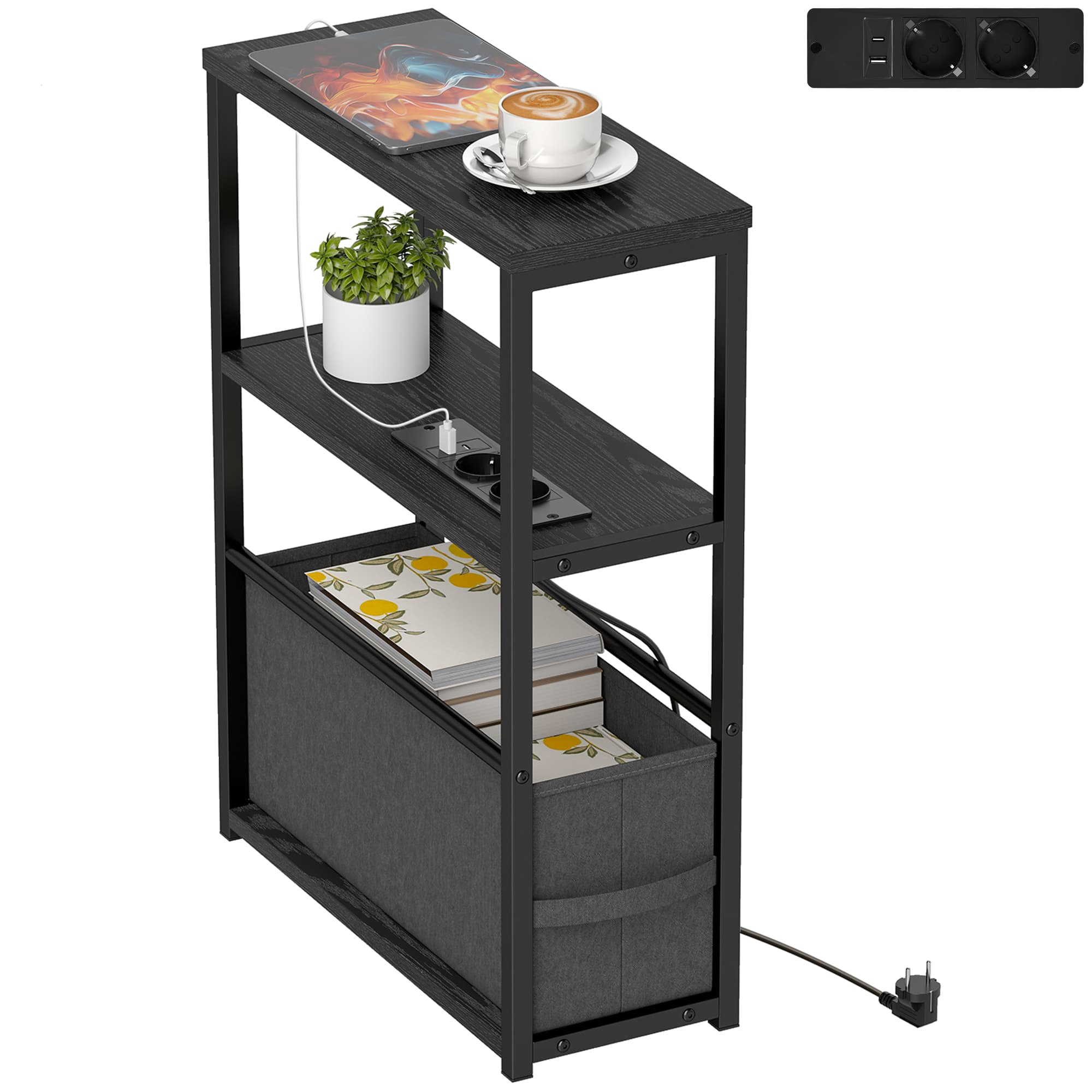 HOMCOM Table d'appoint Table basse avec prise, rangement, pour petits espaces, 45x18x60,2cm, Schwarz