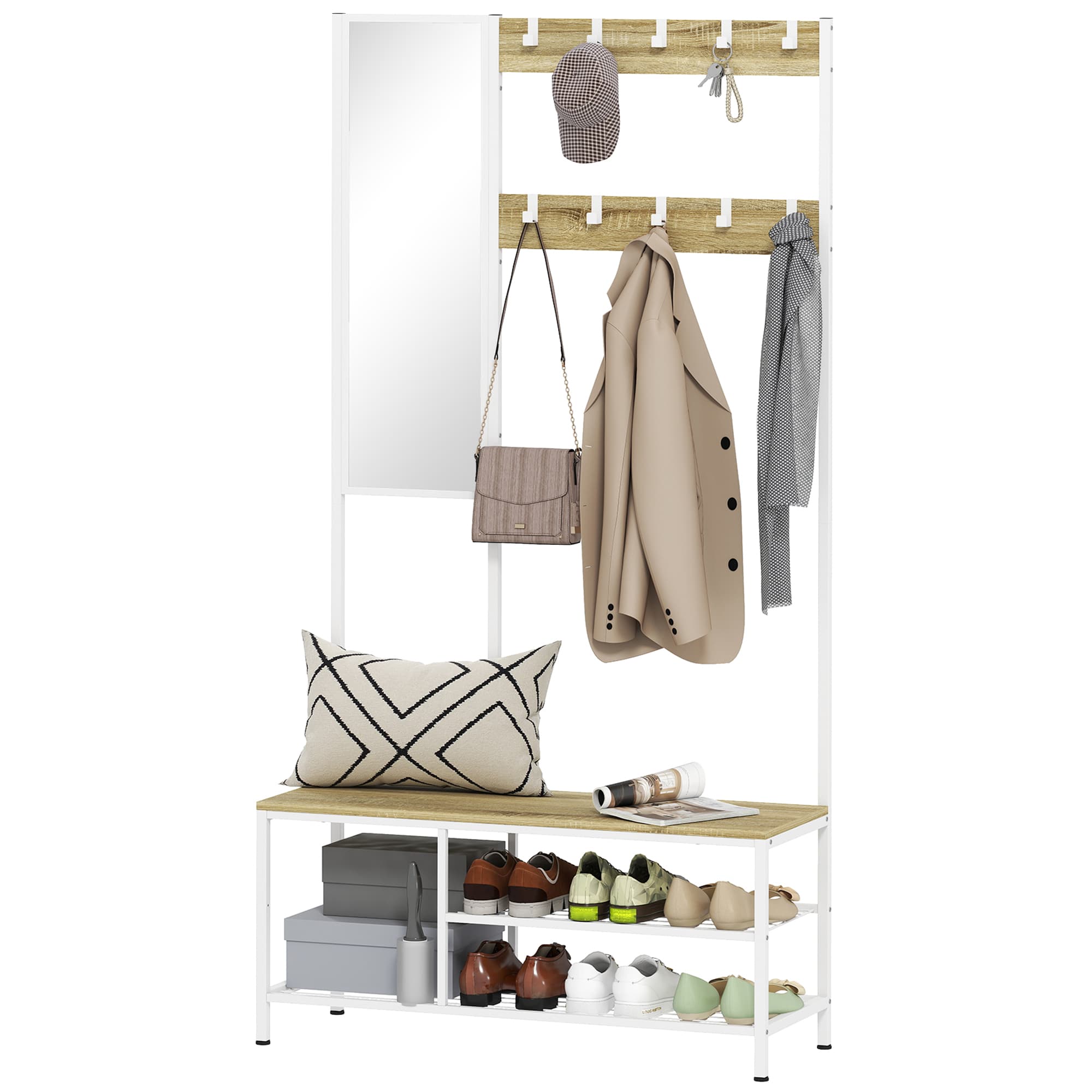 HOMCOM Porte-chaussures avec miroir 3 étagères banc 10 crochets réglables style moderne pour couloir 98x34x186 cm naturel
