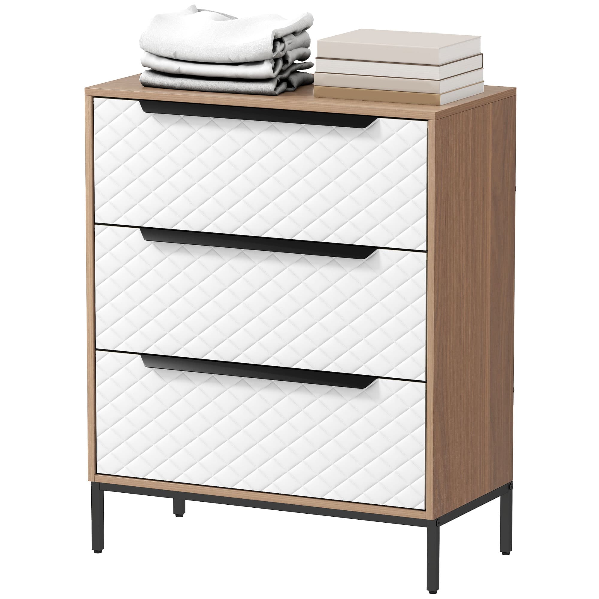 HOMCOM Commode 3 tiroirs en tissu Façades motif diamant pour salon bureau dressing naturel et blanc