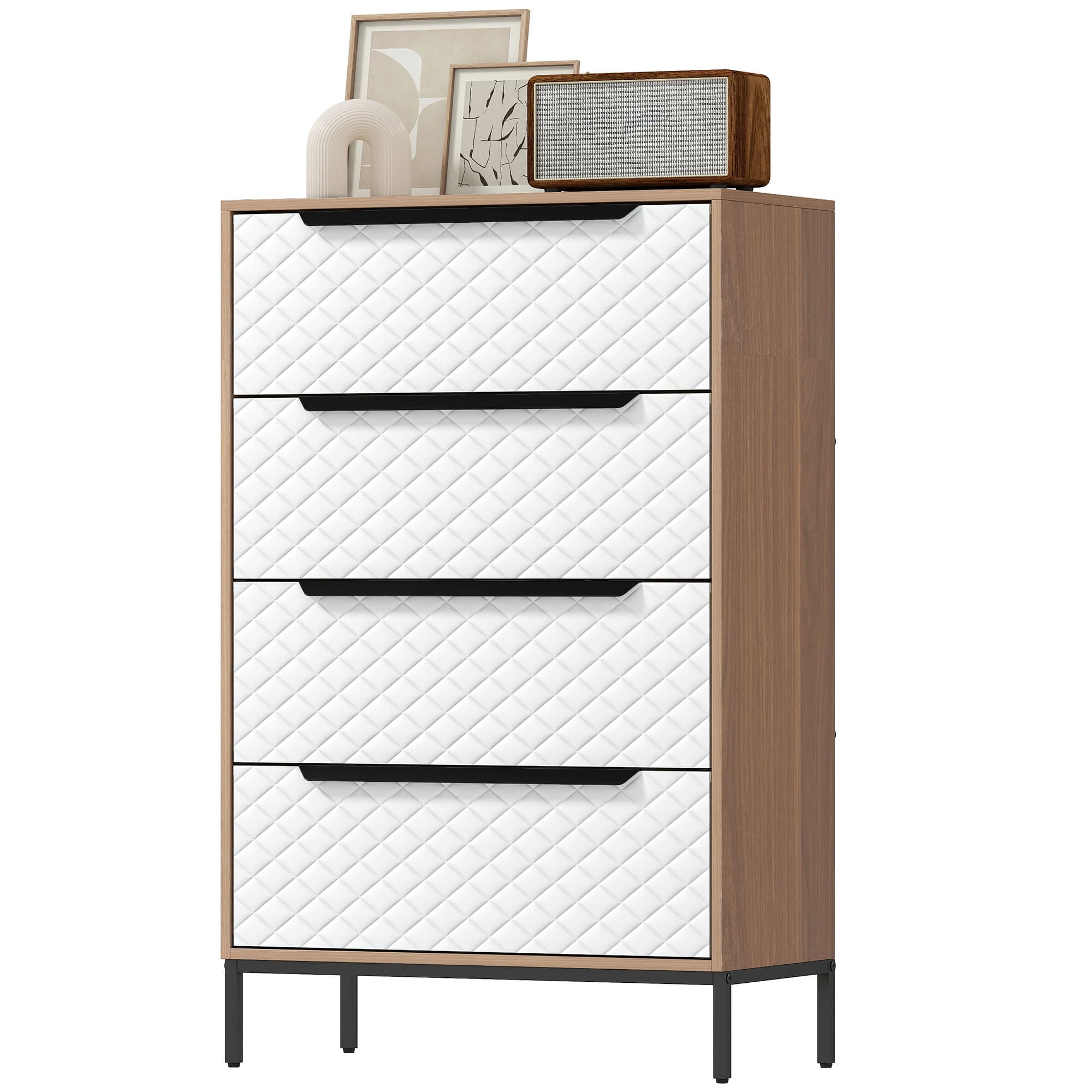 HOMCOM Commode avec 4 tiroirs en tissu Façades à motif diamant pour salon bureau dressing naturel et blanc