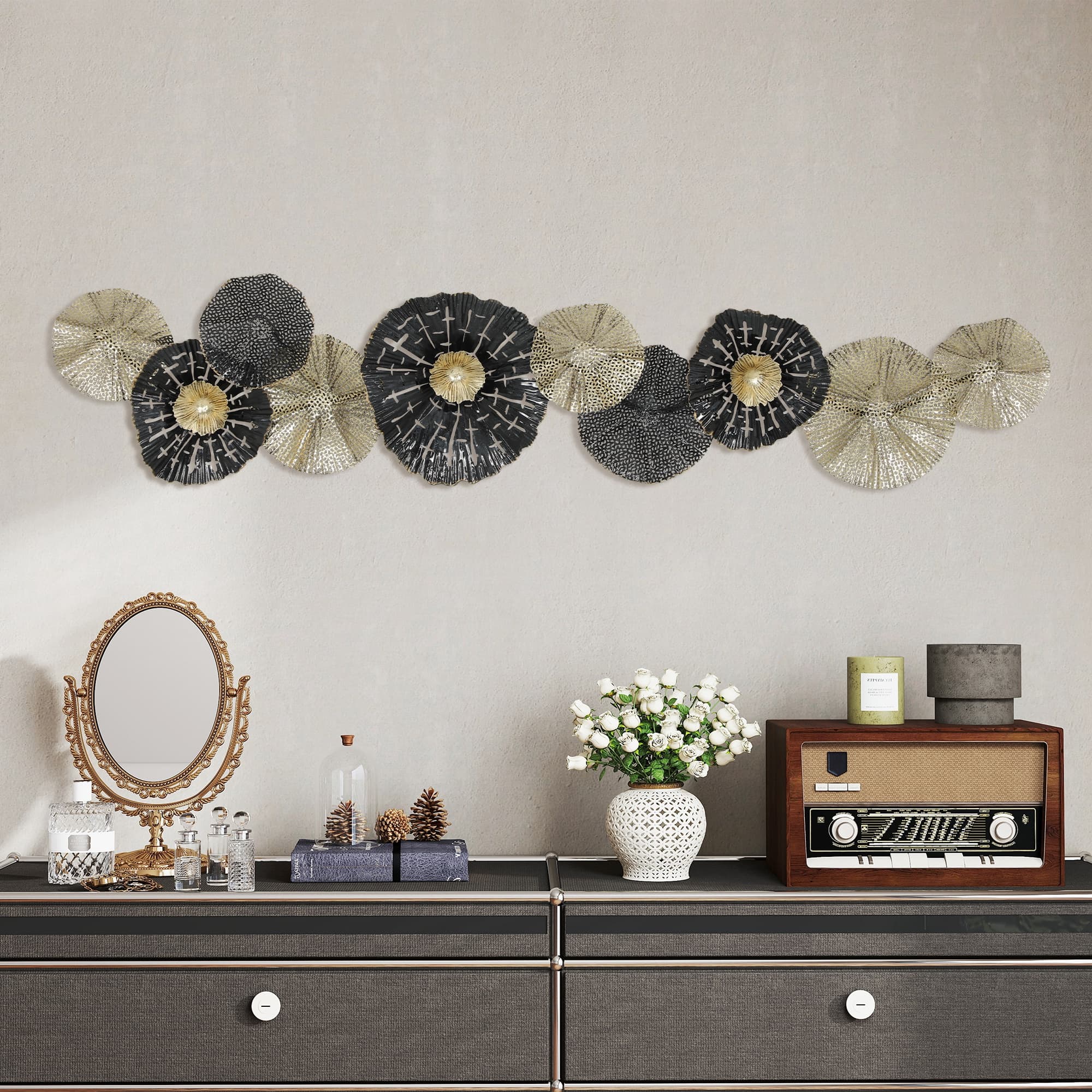 HOMCOM Œuvre murale, décoration murale avec cadre métallique, style moderne, Noir+Or