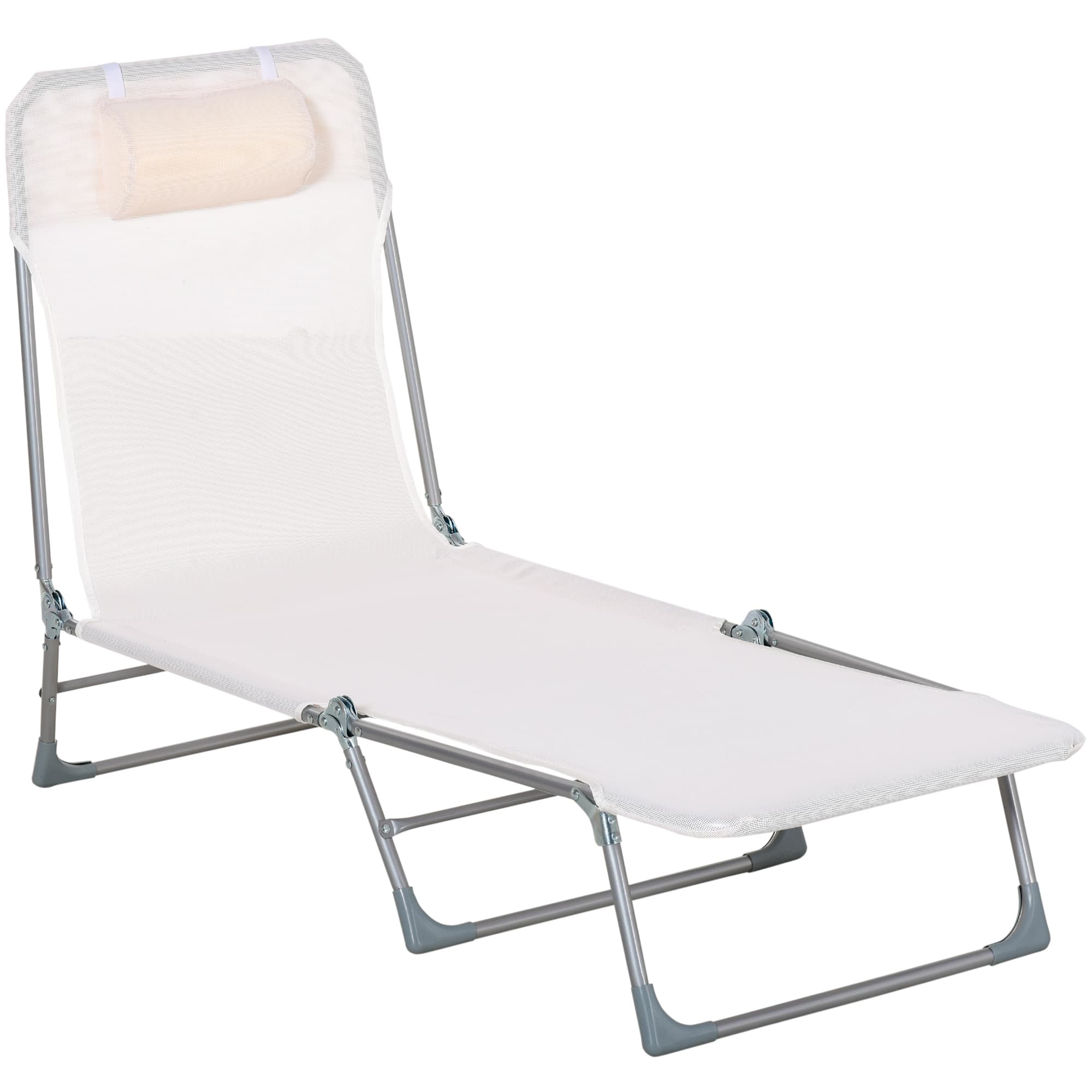 Outsunny Bain de soleil transat chaise longue inclinable pliable avec oreiller dossier réglable sur 5 niveaux crème