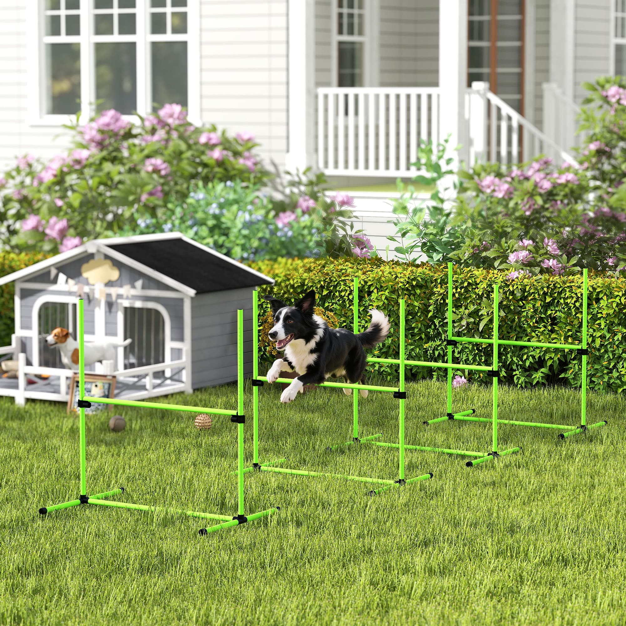 PawHut Kit d'agility pour chiens 4 pièces réglable en hauteur Équipement d'agility avec 4 haies Sac de transport 99 x 65 x 94 cm Vert