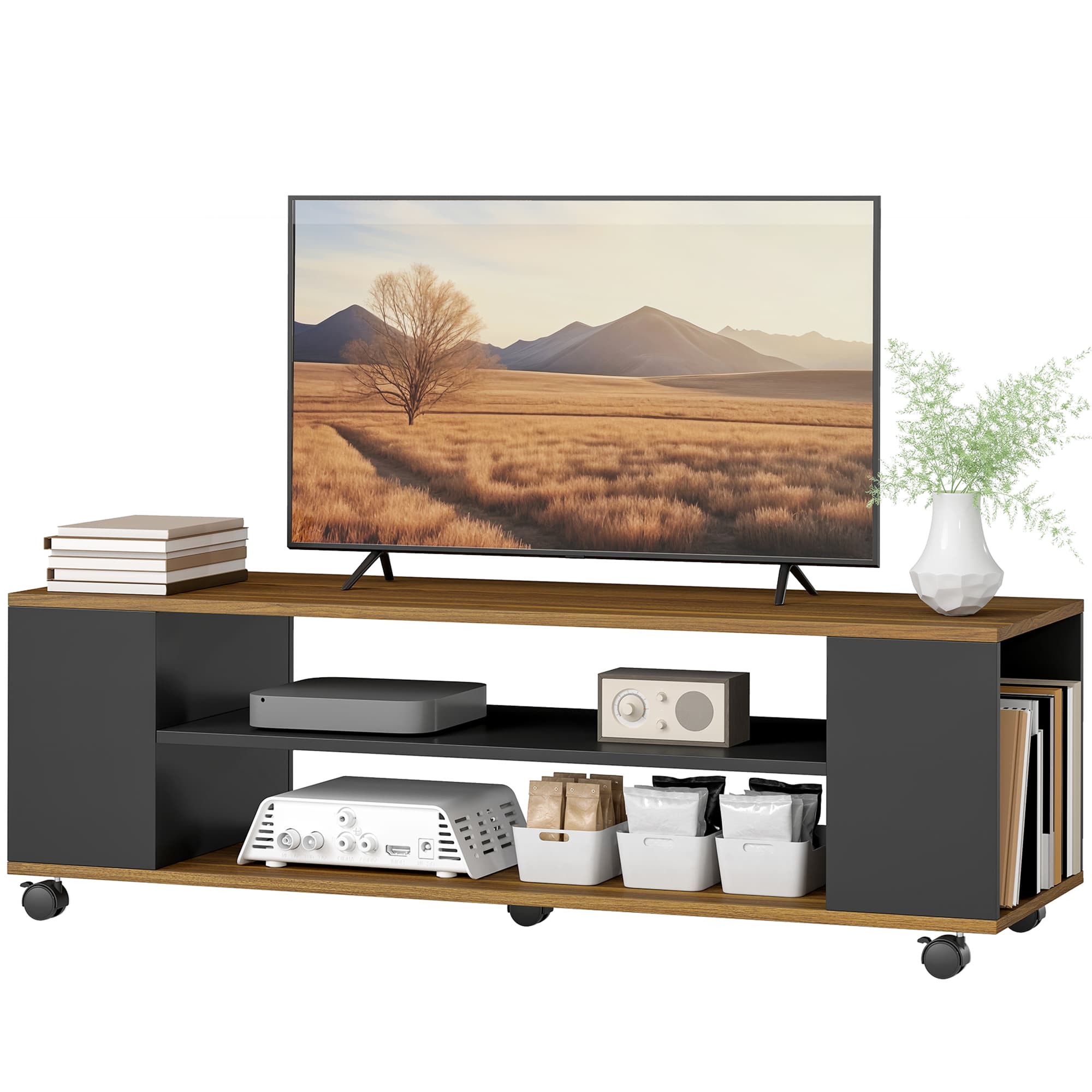 HOMCOM Meuble TV mural ou sur pied avec roulettes 4 étagères pour téléviseur de 139,7 cm 120x40x38,5 cm noyer et noir