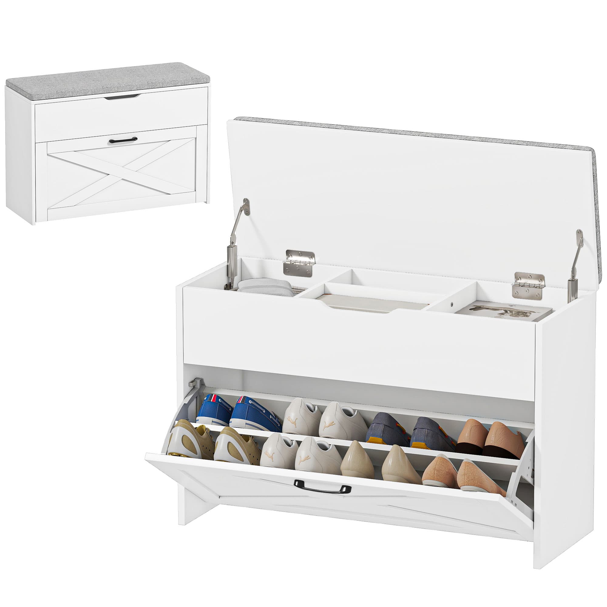 HOMCOM Banc à chaussures avec tiroir abattant et compartiment, capacité 8 paires de chaussures, 80x30x55 cm, Blanc