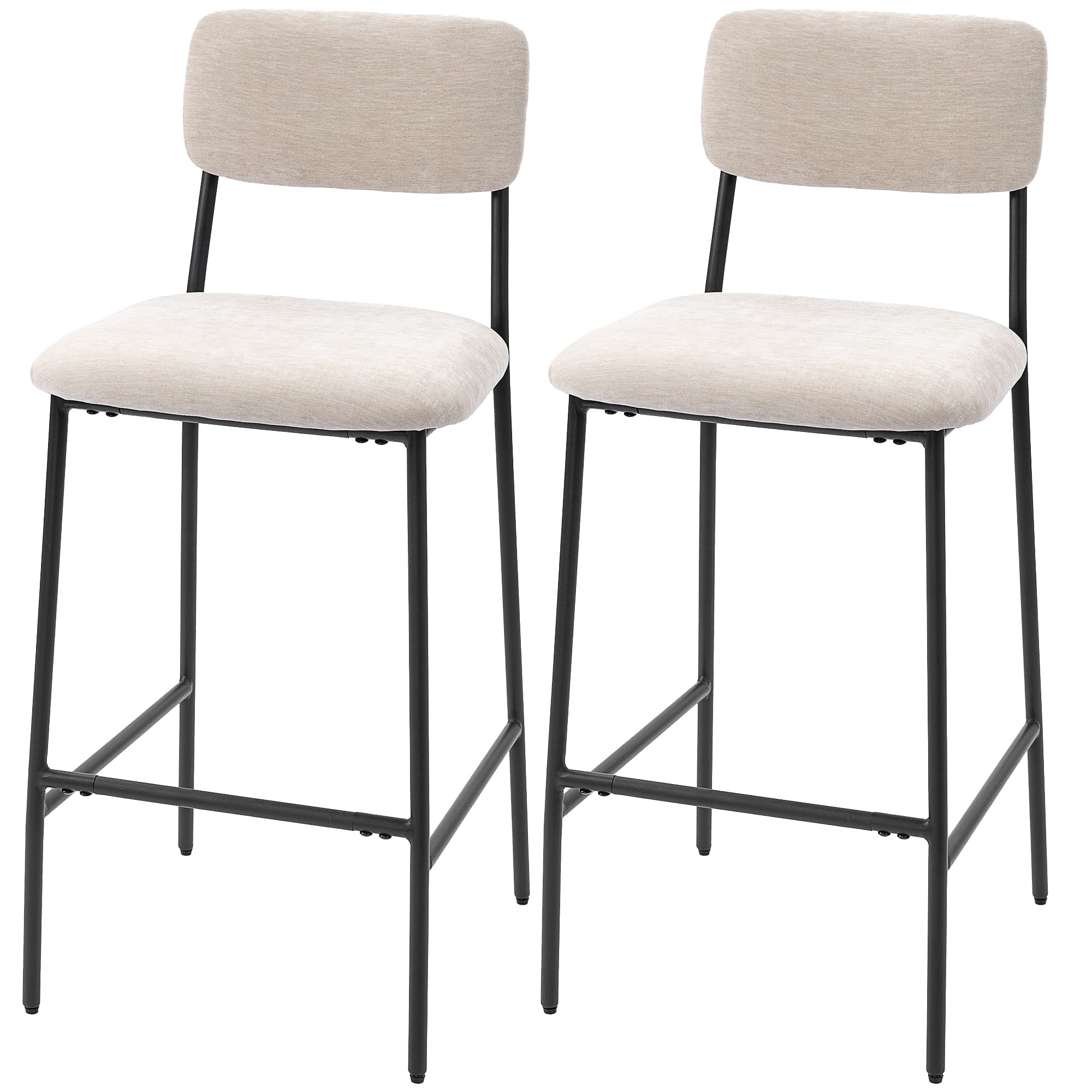 HOMCOM Lot de 2 tabourets de bar avec dossier haut, repose-pieds et revêtement en chenille, crème
