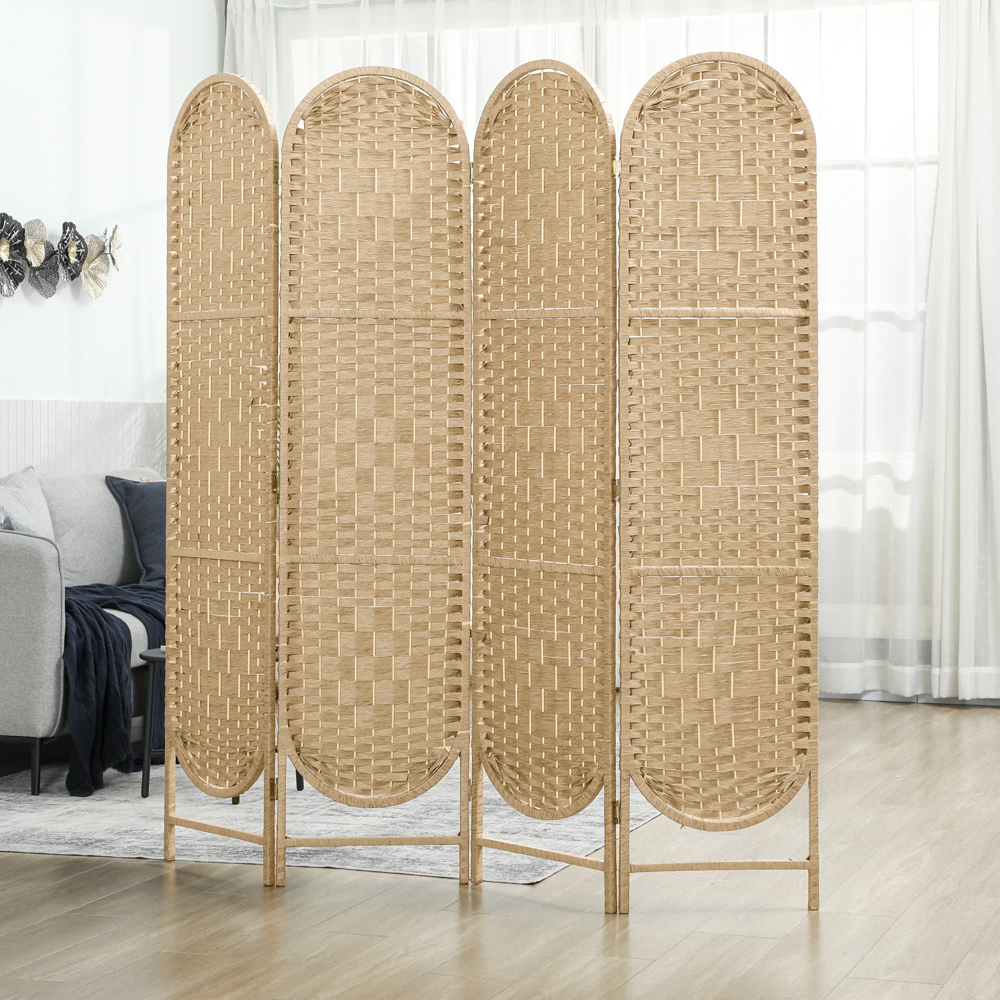 HOMCOM Paravent Séparateur d'Espaces 4 Panneaux 160x170 cm avec Partie Supérieure Arquée Tissé à la Main Séparateur Pliable Naturel