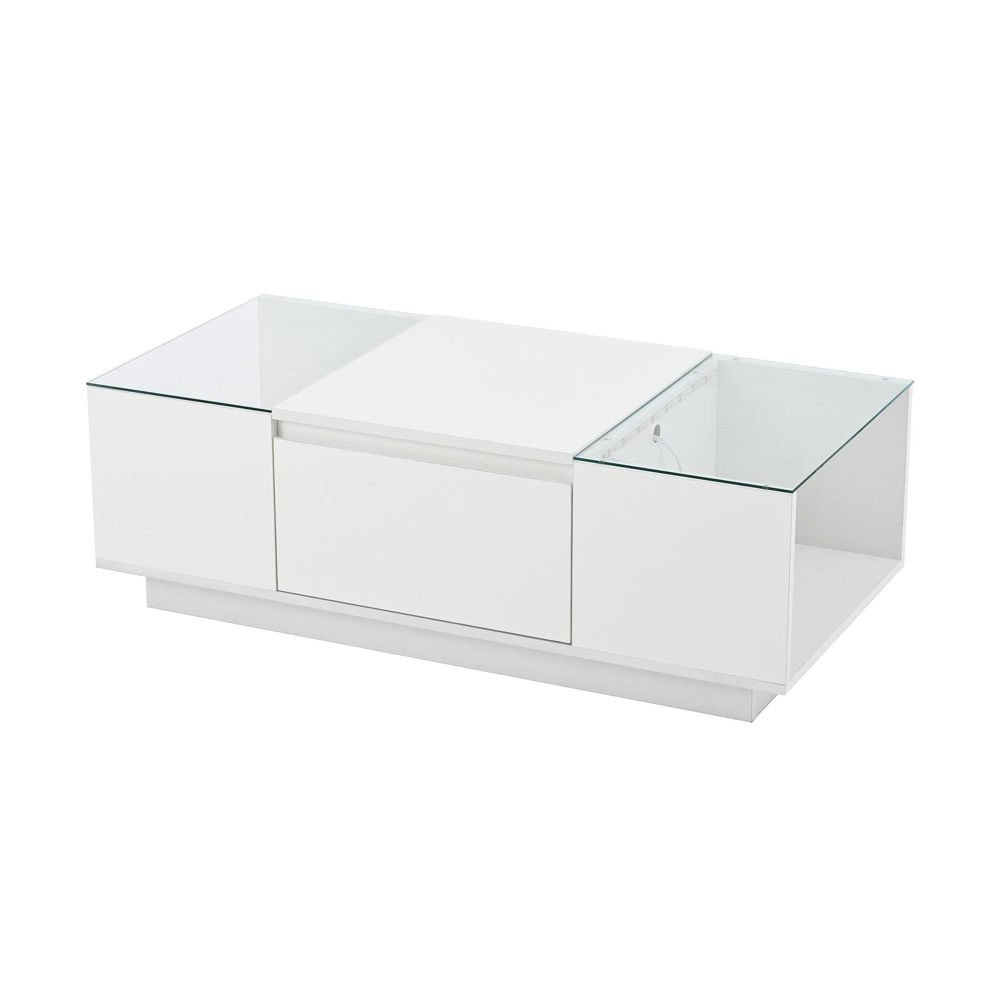 Table basse avec rangement, éclairage d'ambiance LED, plateau en verre et 2 tiroirs, 105x50x35 cm, Blanc