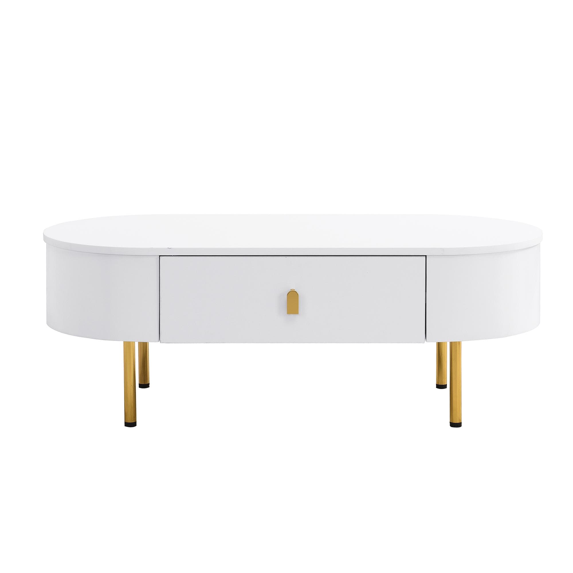 Table basse avec 2 tiroirs, coins arrondis, poignées et pieds dorés, 108x50x40 cm, Blanc