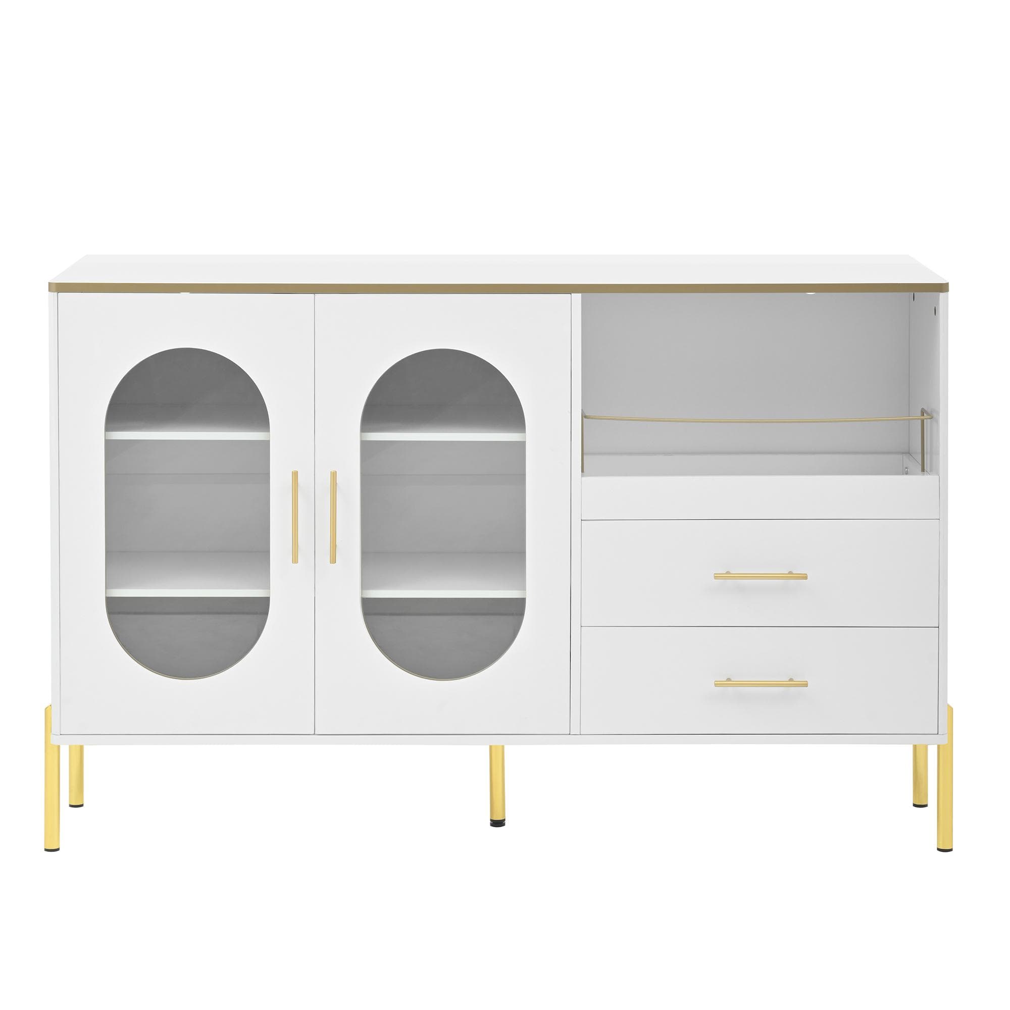 Buffet avec 2 tiroirs et 2 portes vitrées, grand espace de rangement, 140x38x90 cm, Blanc