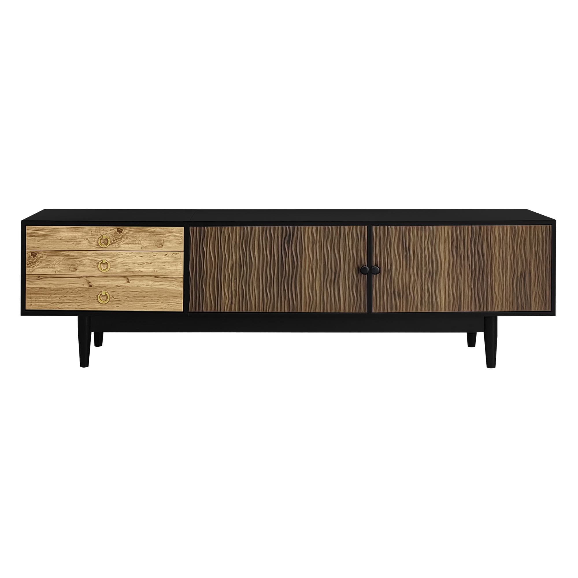 Meuble TV avec 2 portes et 3 tiroirs, panneaux de porte au motif ondulé unique, 180x38x50 cm, Couleur naturelle