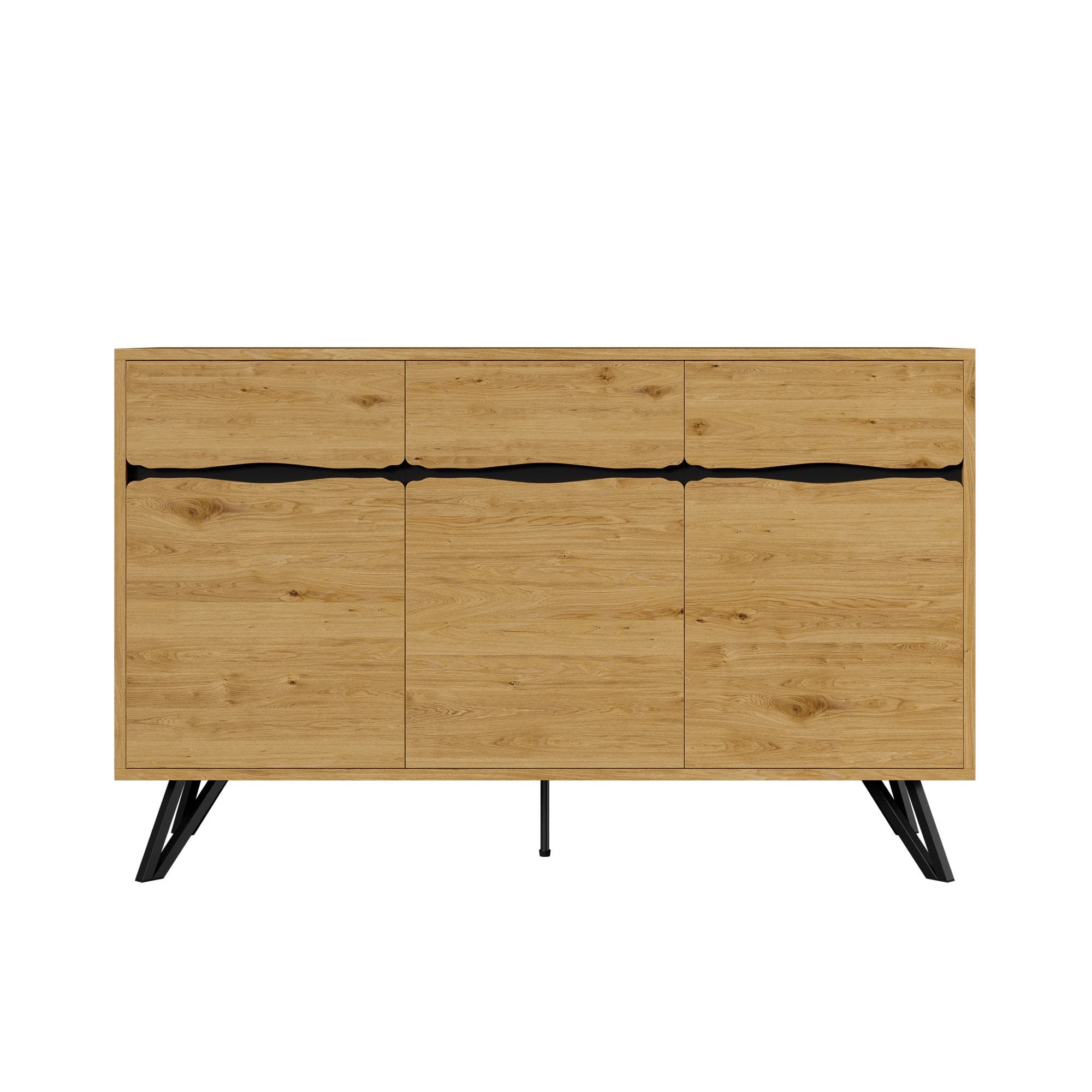 Buffet 3 portes avec pieds en métal, grand espace de rangement, 140x40x75,5 cm, Couleur naturelle