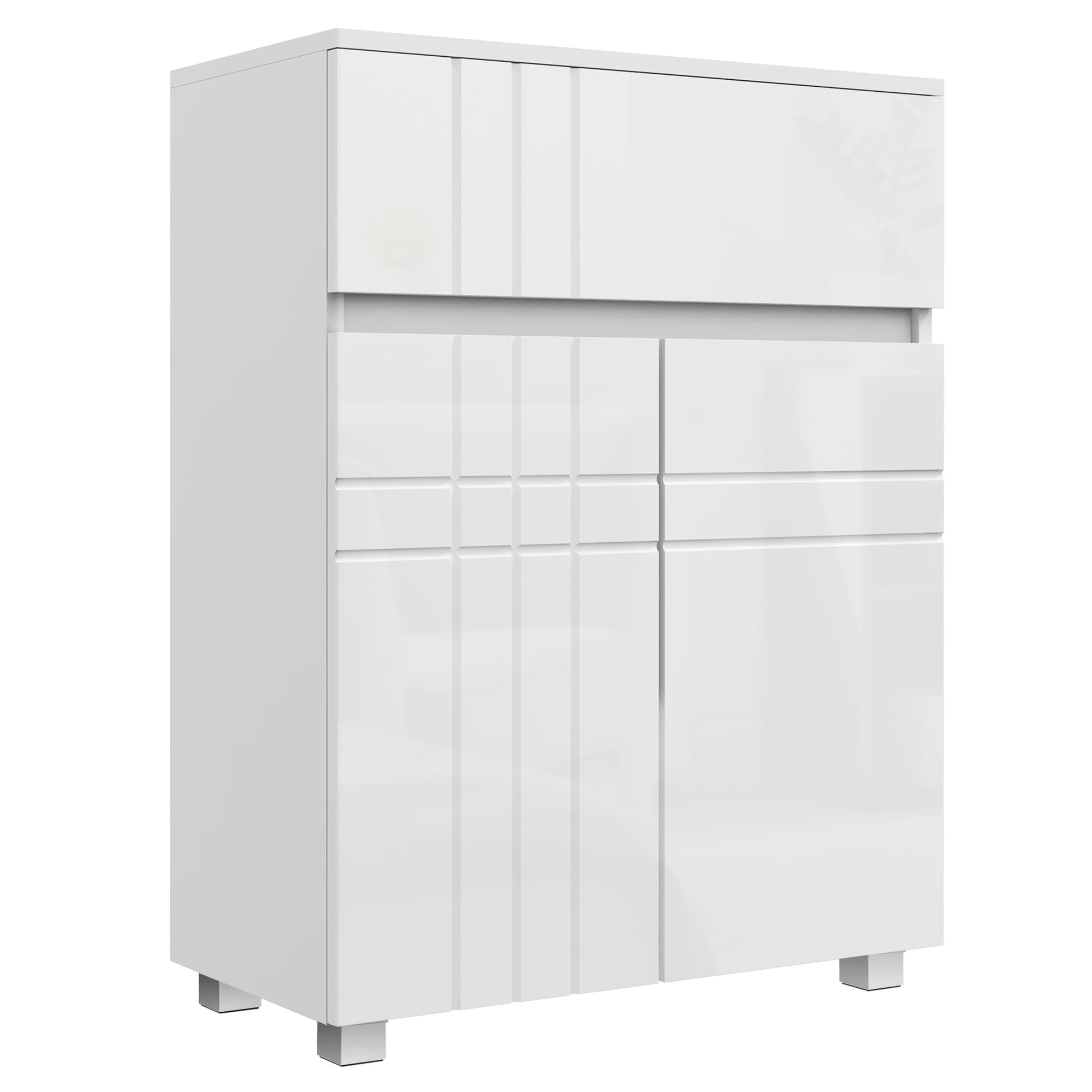 kleankin Meuble de rangement pour salle de bain sur pied placard 2 portes 1 tiroir, étagère régable, blanc laqué