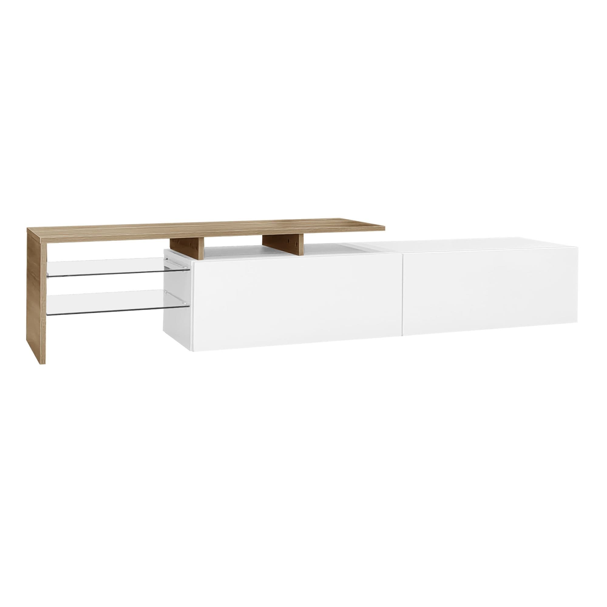 Meuble TV avec éclairage LED, rangement et étagères en verre, 170x33x33,5 cm, Couleur naturelle+Blanc