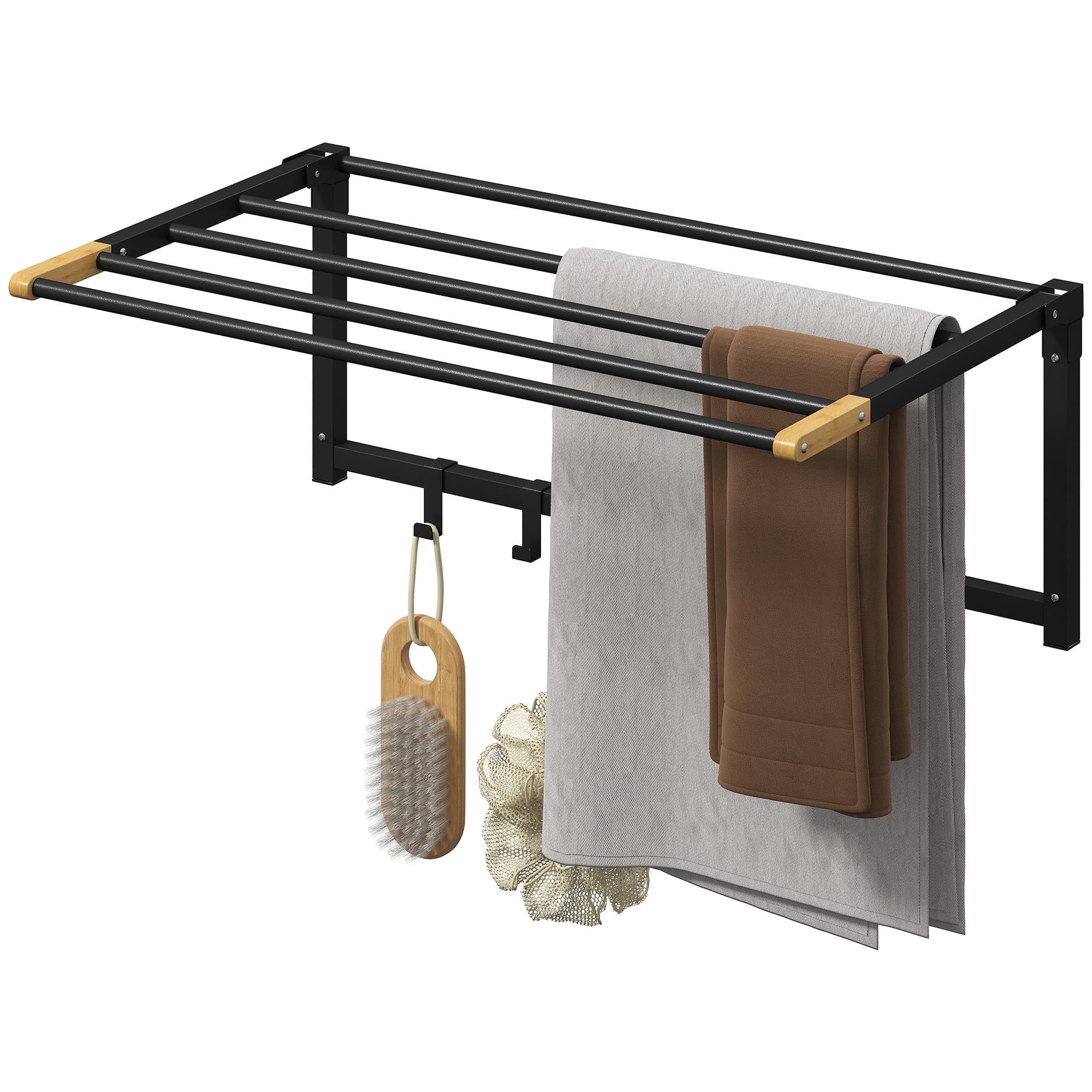 HOMCOM Porte-serviettes mural pliant 5 barres et 6 crochets pour serviettes salle de bain 60 cm noir