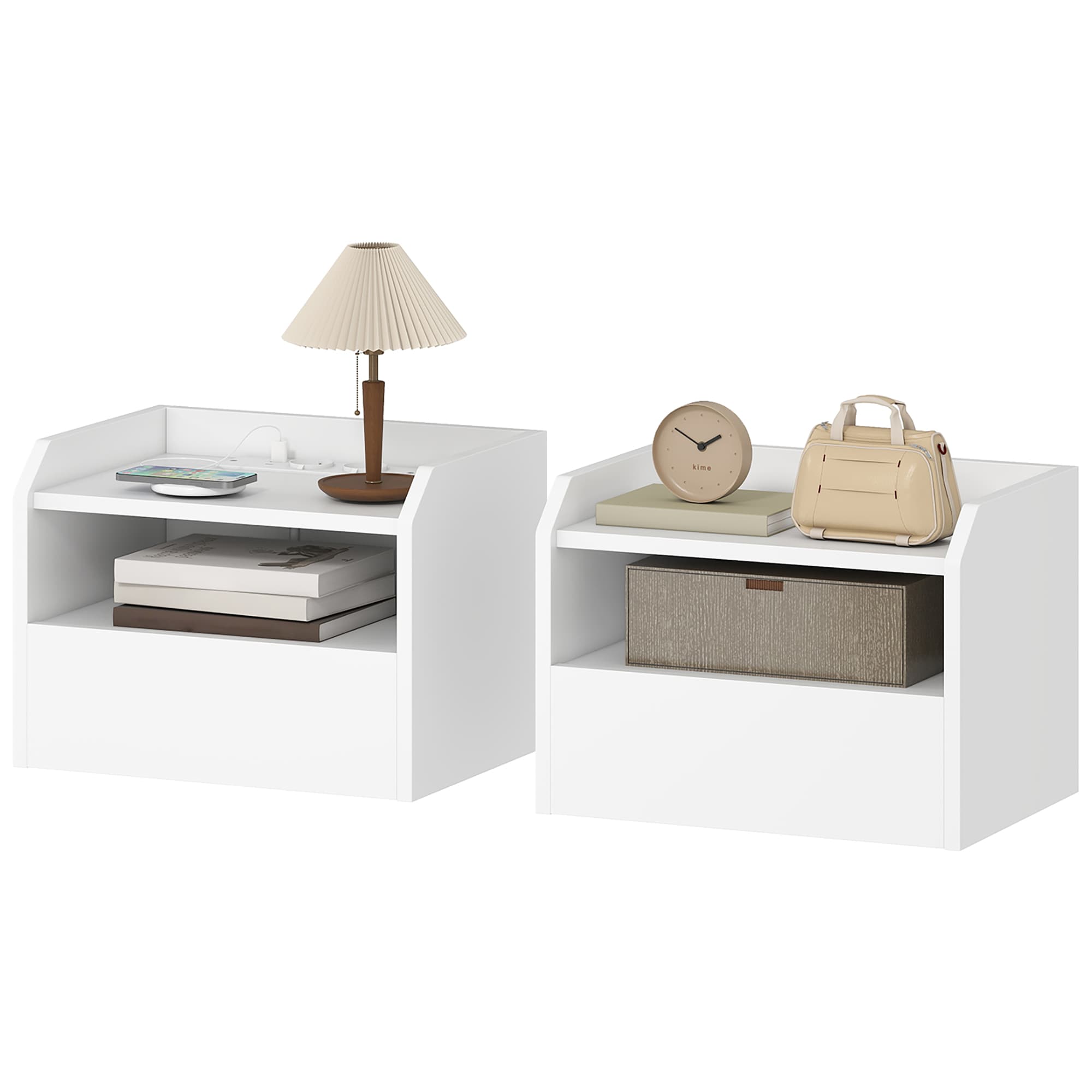 HOMCOM Lot de 2 Tables de Chevet Flottantes avec Station de Charge Tiroir Étagère Ouverte 40x29x29 cm blanc