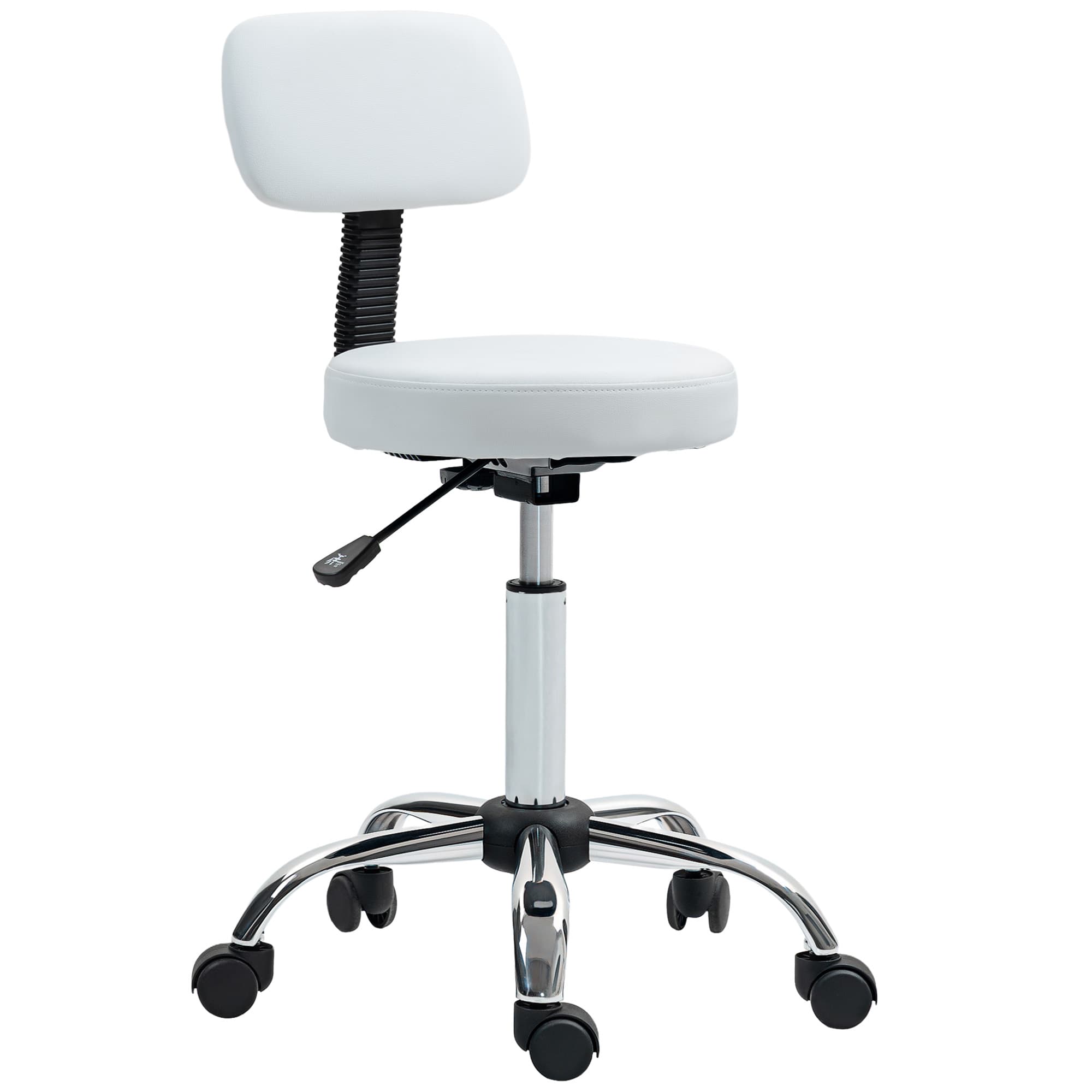 HOMCOM Tabouret pivotant avec dossier et roulettes, hauteur réglable, pour salons de beauté, studio de tatouage, blanc