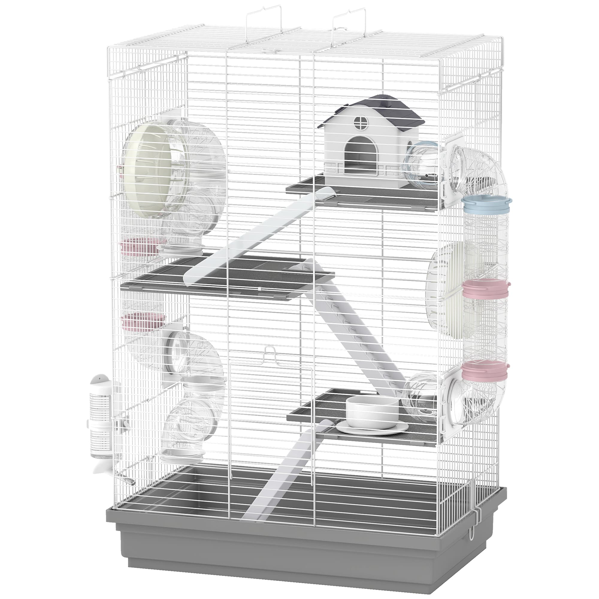 PawHut Cage pour hamsters 4 niveaux et 16 tunnels avec maisonnette, rampe et accessoires, en métal et plastique, 47x30x70 cm, Gris