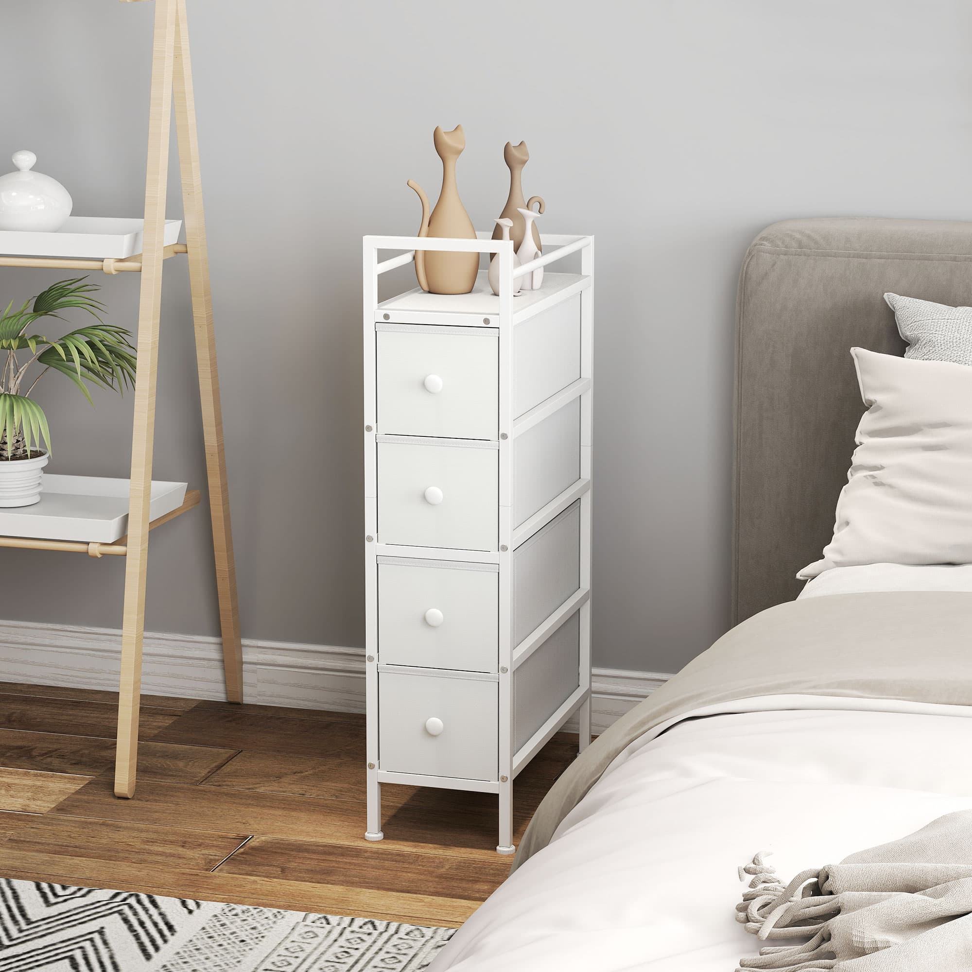 HOMCOM Commode à 4 tiroirs en tissu, cadre en acier, commode de chambre pour petits espaces, salon, dressing, blanc