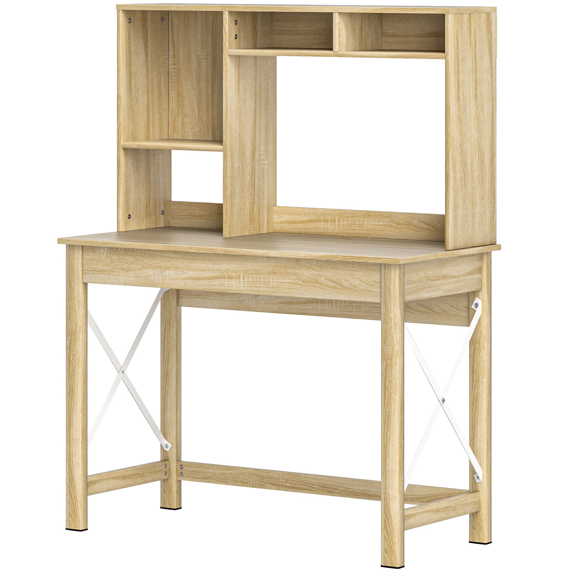HOMCOM Bureau avec rangement bureau bibliothèque en bois avec étagères et grand plateau pour petits espaces, aspect chêne