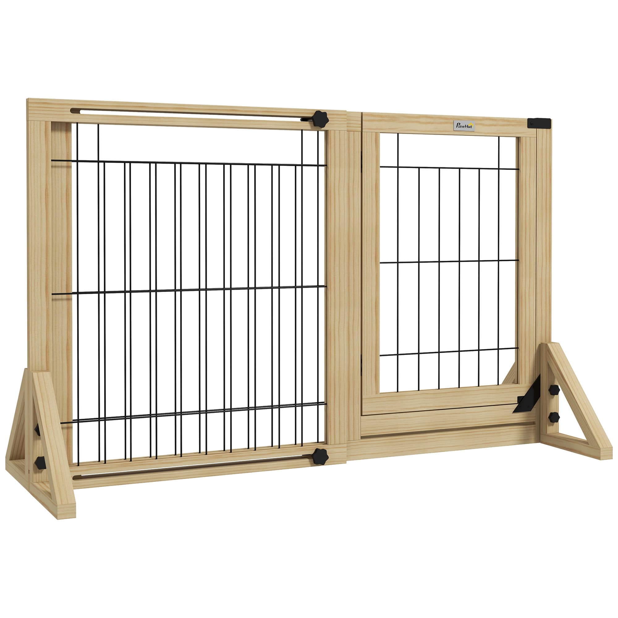 PawHut Barrière Extensible pour Chiens avec Porte et 2 Panneaux, Pieds Triangulaires, 112-159x70 cm, Bois Naturel