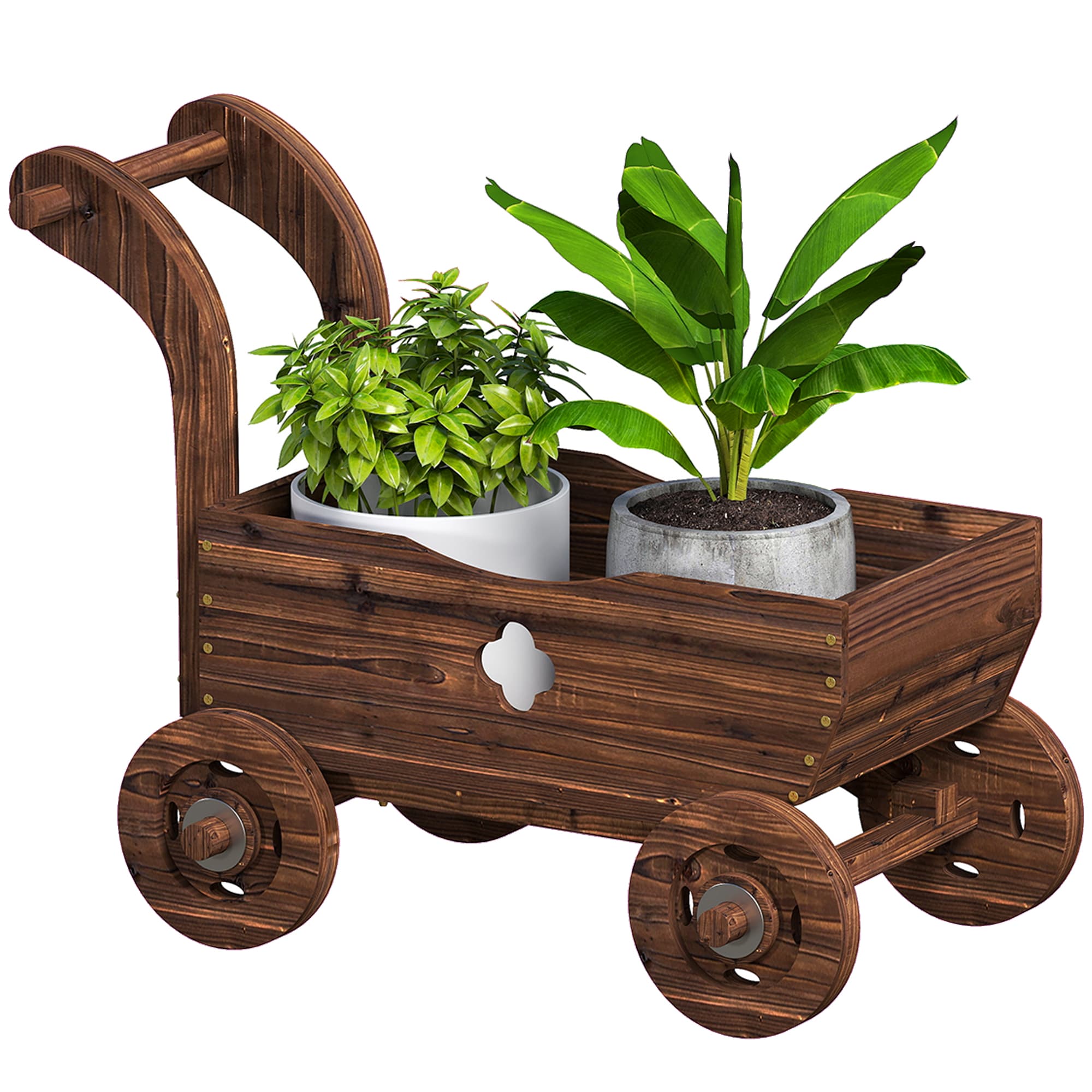 Outsunny Bac surélevé en bois, jardinière en forme de chariot avec 4 roues et poignée 68 x 38 x 52cm