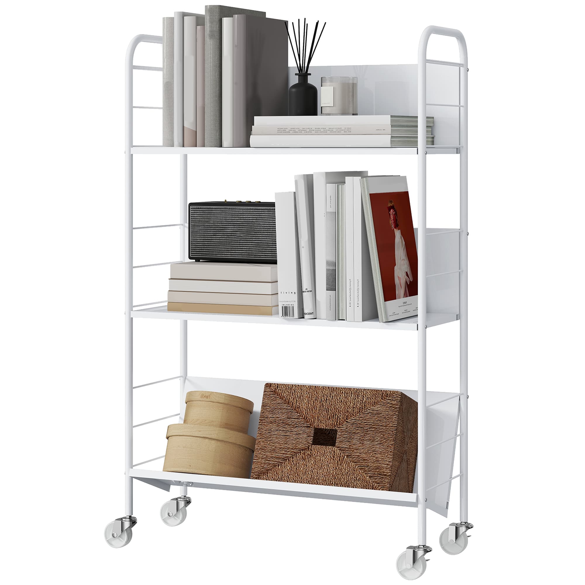 HOMCOM Chariot Porte-livres Moderne à 3 niveaux avec roulettes pivotantes pour livres et magazines, 69x26x108 cm, blanc