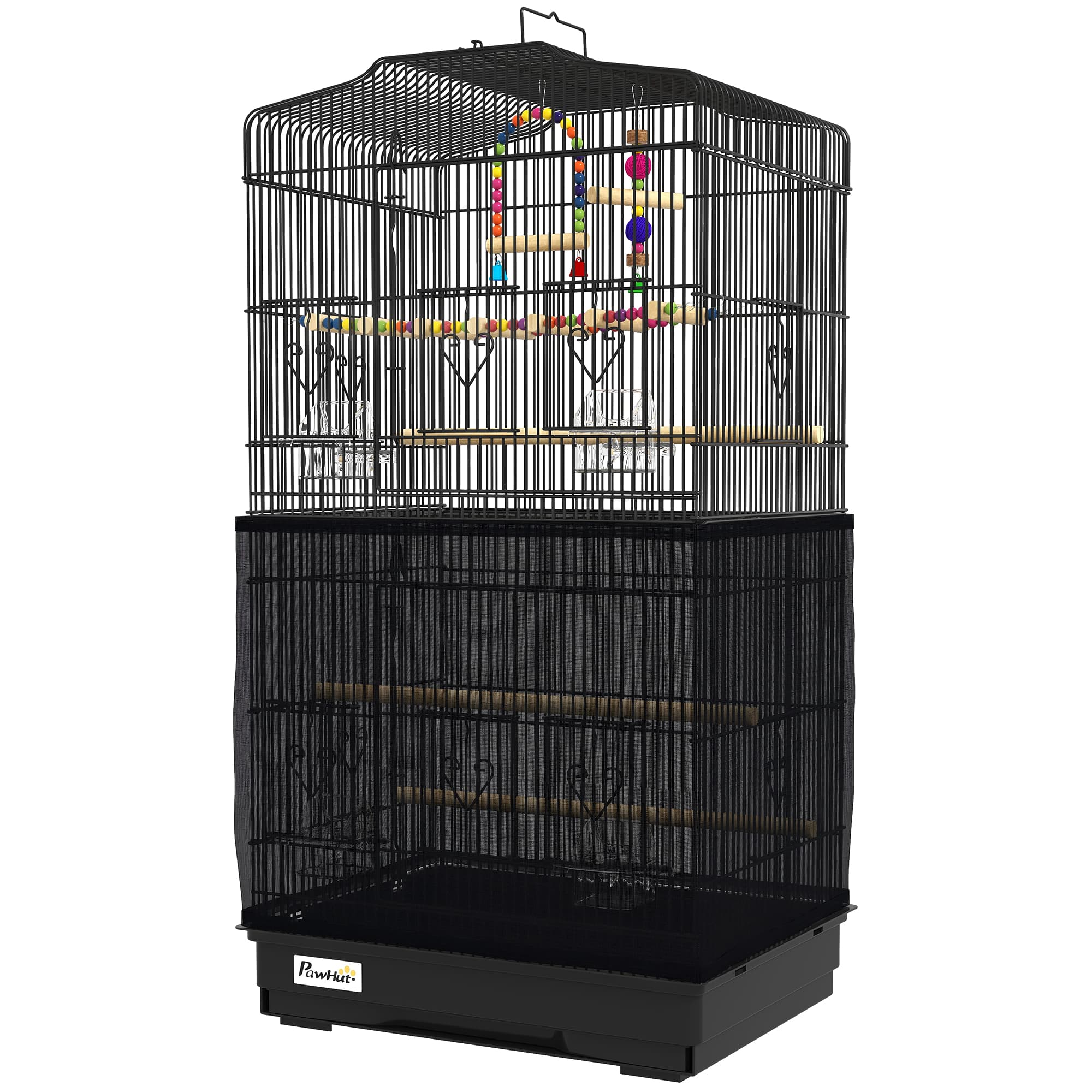 PawHut Cage pour oiseaux avec poignée, plateau extractible, perchoirs en bois, balançoire et gamelles, 46.5x35.5x92cm, Noir