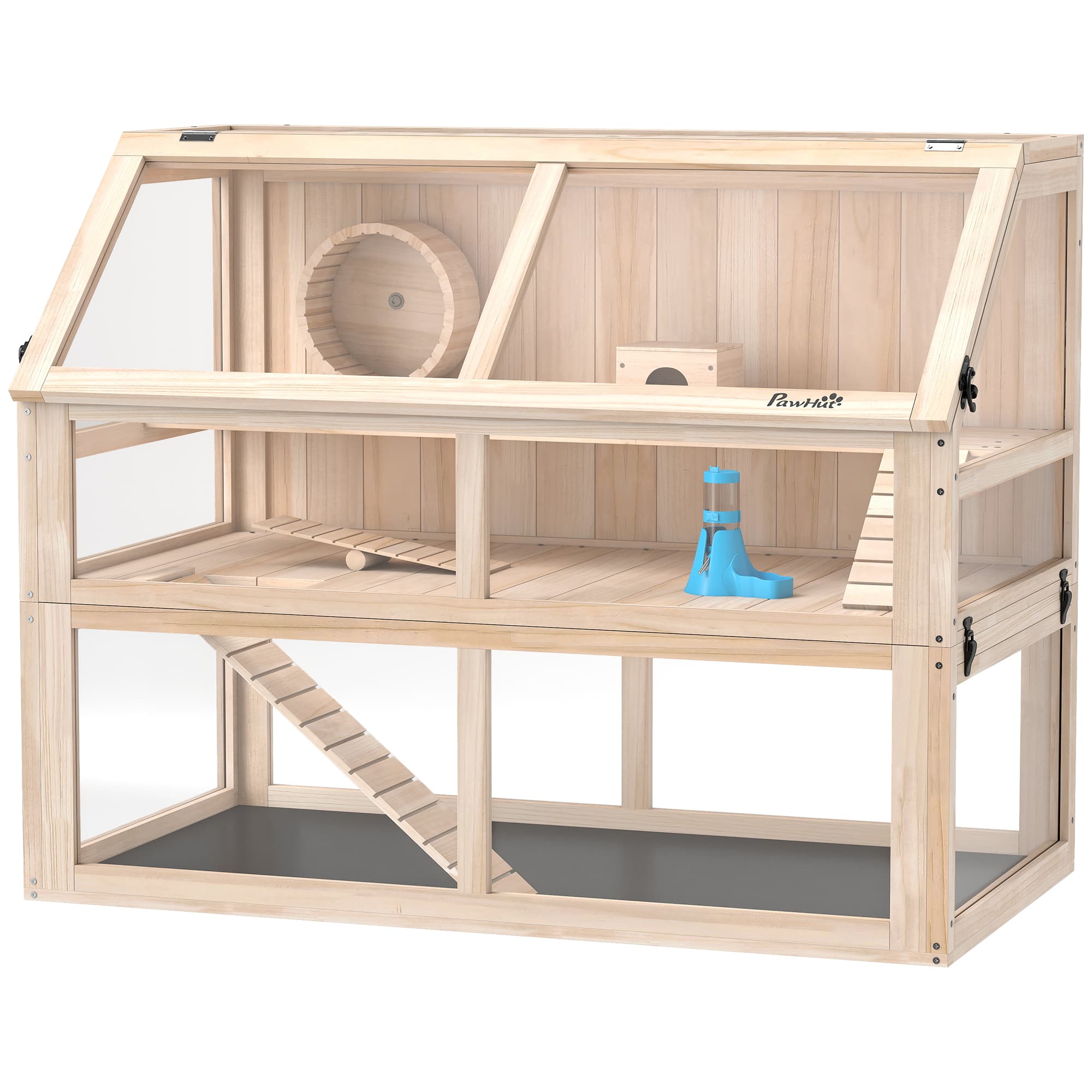 PawHut Cage pour hamster en bois 3 niveaux, cage pour rongeurs avec bascule, roue et maisonnette 95 x 53 x 76 cm bois naturel