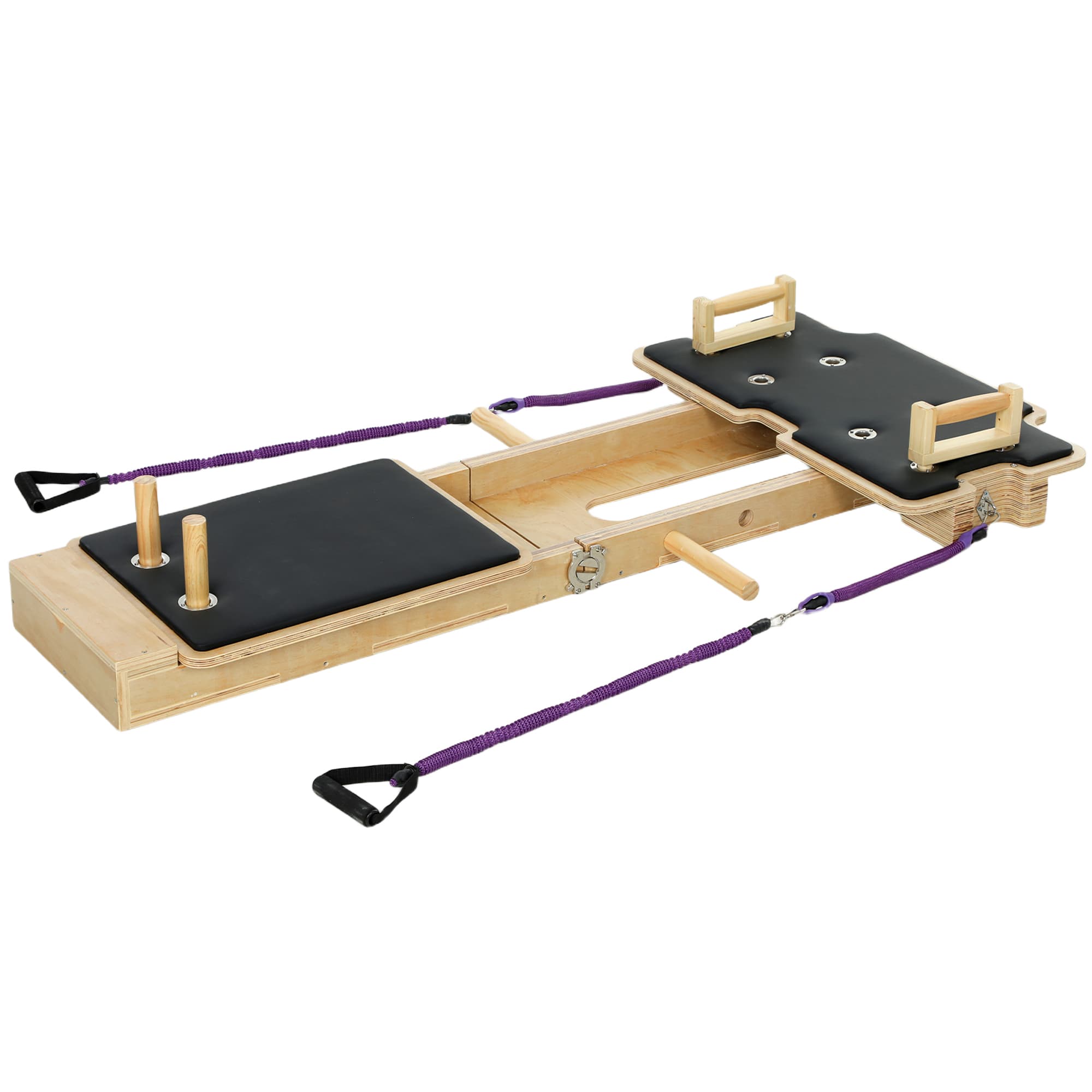 SPORTNOW Pilates Reformer multifonction avec Bandes de Résistance Poignées Roue Abdominale pour Maison Salle de Sport Bois naturel