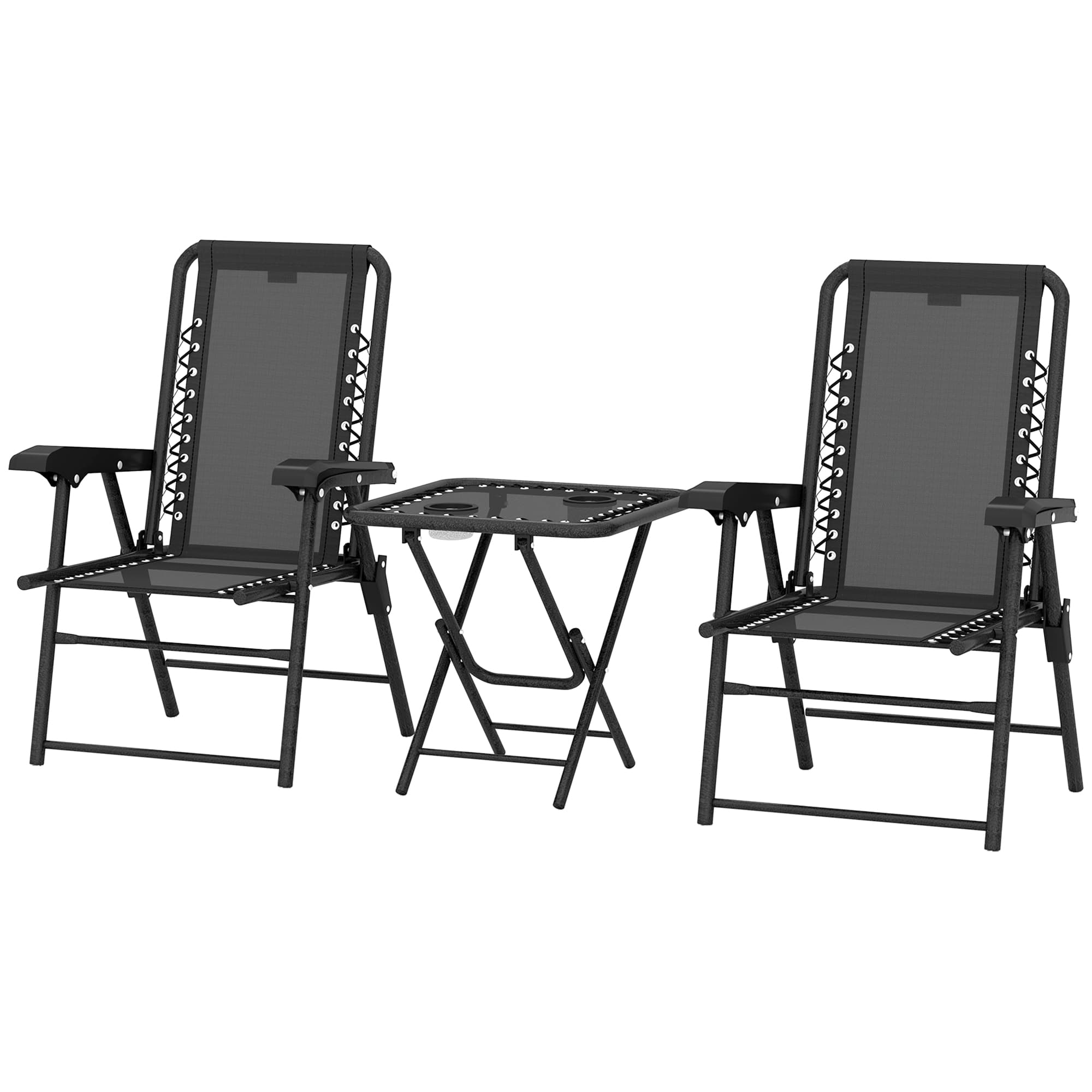 Outsunny Ensemble bistrot 3 pièces en acier résistant aux intempéries, mobilier de jardin pliant avec table bistrot, porte-gobelet, chaises de jardin, noir